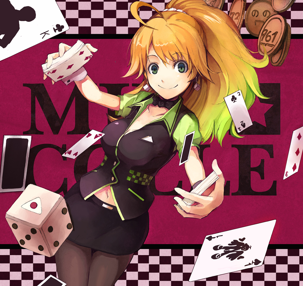 pos (shiratama-ya), hoshii miki, nonowa, idolmaster, idolmaster (classic), bad id, bad pixiv id, 00s, 1girl, ahoge, blonde hair, card, dice, earrings, female focus, floating card, green eyes, holding, holding card, jewelry, navel, pantyhose, ponytail, solo