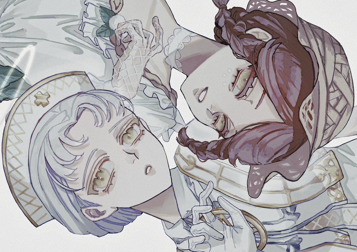 hnnstkn001, emily dyer, emily dyer (holy angel), emma woods, emma woods (as the wind blows), identity v, protected link, 2girls, braid, brown hair, choker, cross, dress, facial mark, fishnet gloves, fishnets, frills, gloves, halo, hat, interlocked fingers, lace, lace-trimmed choker, lace gloves, lace trim, looking at viewer, low twin braids, makeup, mark under both eyes, multiple girls, nurse cap, parted lips, portrait, shirt, short hair, sideways, simple background, straw hat, twin braids, upper body, white background, white choker, white dress, white gloves, white hair, white shirt, yellow eyes