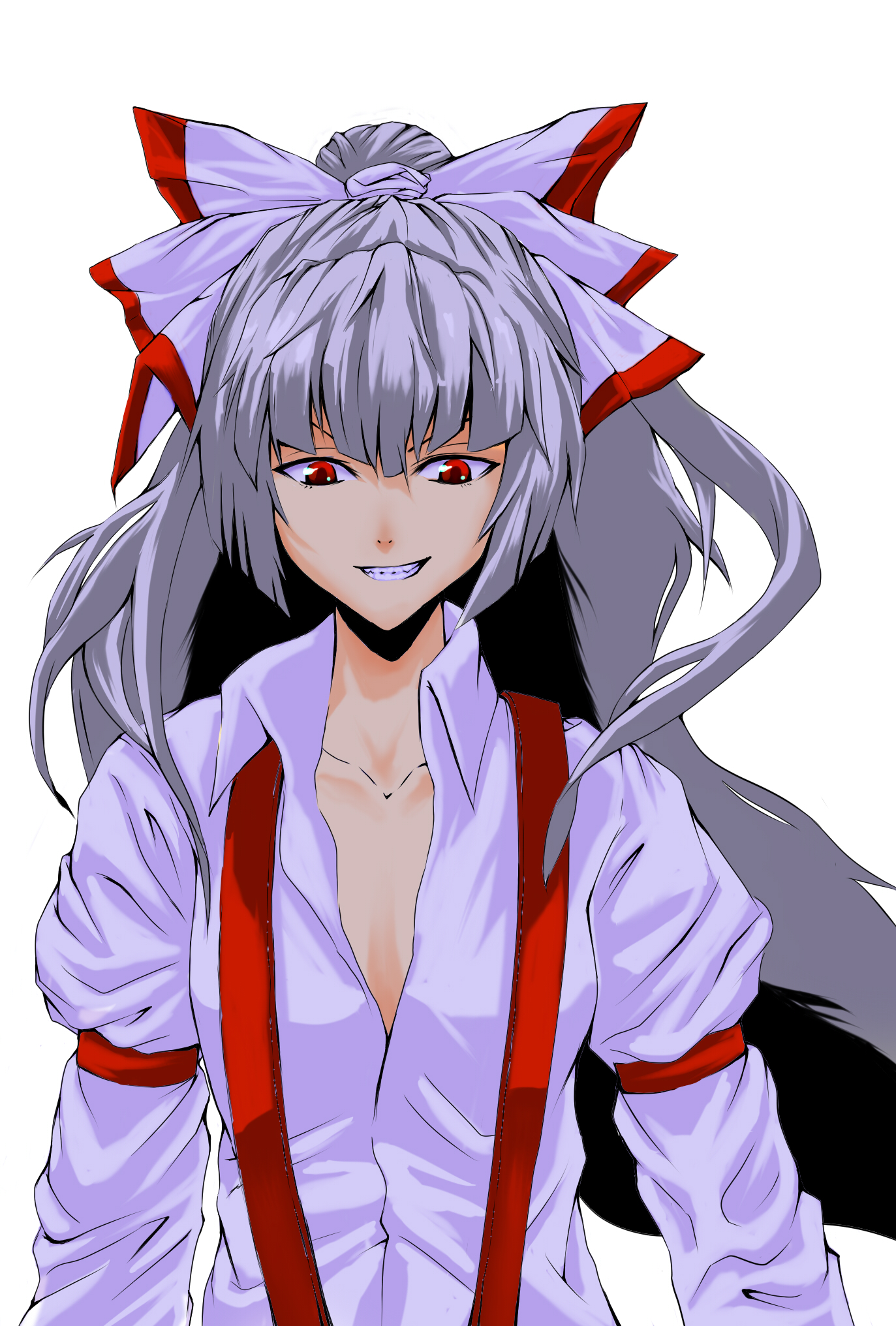 bnd, bondo (artist), bondo (borndragon), fujiwara no mokou, touhou, silver hair, highres, 1girl, female focus, grin, hair ribbon, long hair, open clothes, open shirt, red eyes, ribbon, shirt, smile, solo, suspenders
