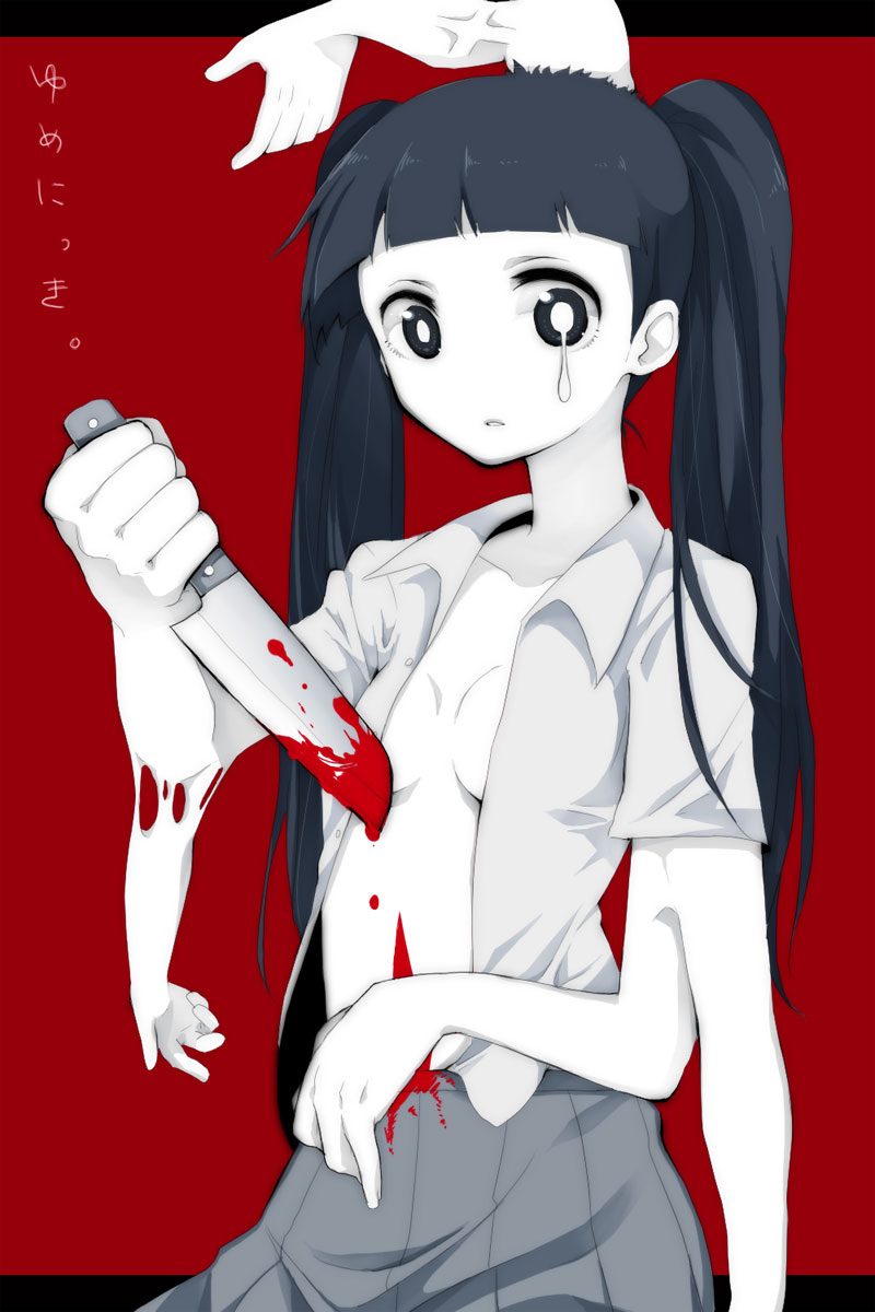 hattori masaki, monoko, yume nikki, bad id, bad pixiv id, highres, 1girl, black eyes, black hair, blood, extra arms, female focus, knife, multi leg, open clothes, open shirt, pale skin, shirt, solo, stab, tears, twintails