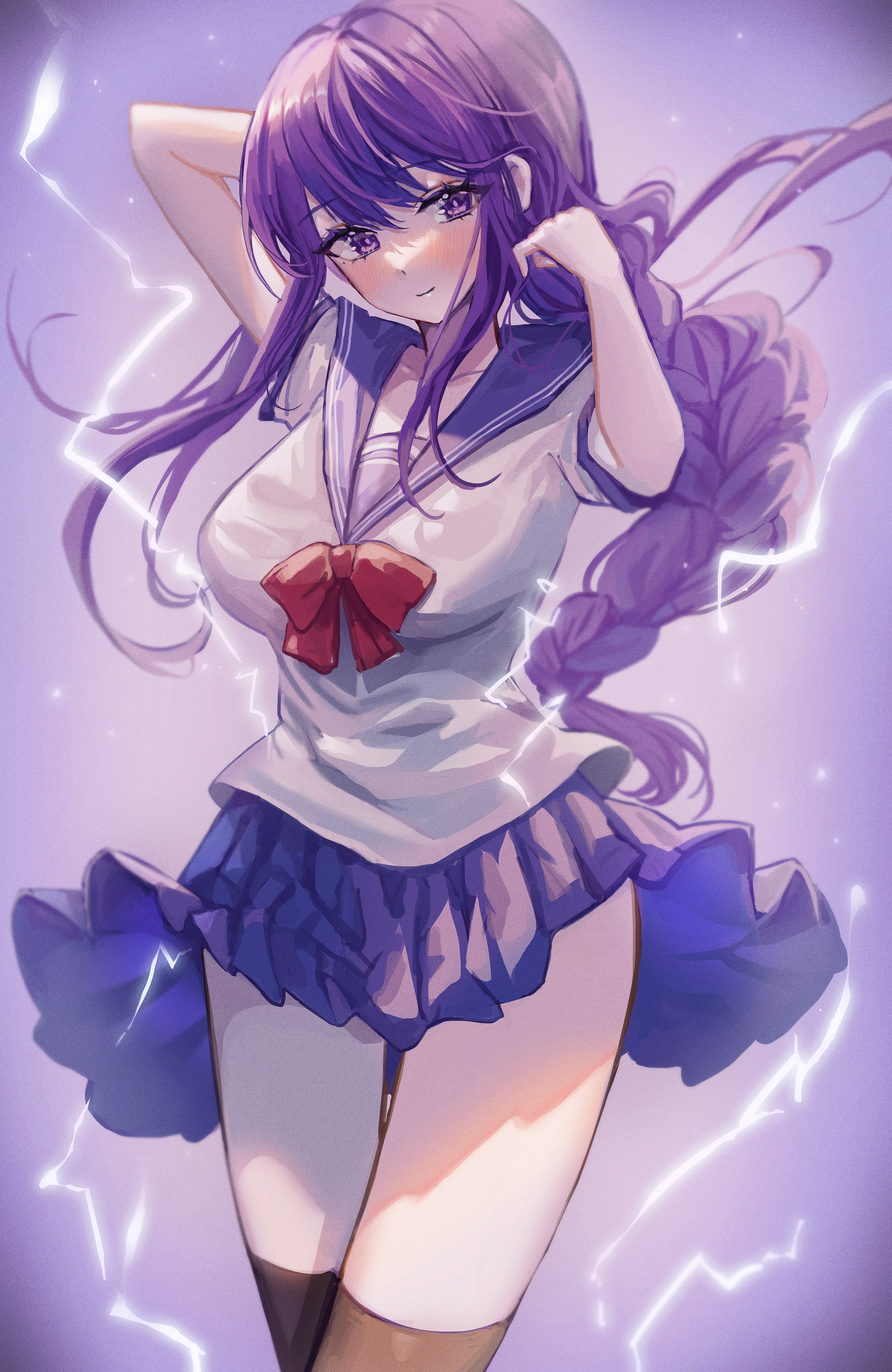 ash (cat7evy), raiden shogun, genshin impact, absurdres, commentary request, highres, 1girl, alternate costume, blush, braid, breasts, electricity, large breasts, long hair, looking at viewer, mole, mole under eye, neckerchief, pleated skirt, purple background, purple eyes, purple hair, sailor collar, school uniform, serafuku, shirt, skirt, smile, solo, thighhighs, thighs, upper body, very long hair