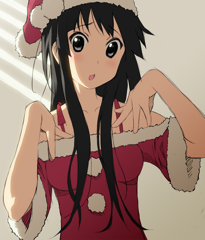 qaz, akiyama mio, k-on!, bad id, bad pixiv id, 00s, 1girl, bare shoulders, black hair, blush, breasts, christmas, female focus, grey eyes, hat, long hair, medium breasts, santa costume, santa hat, sketch, solo