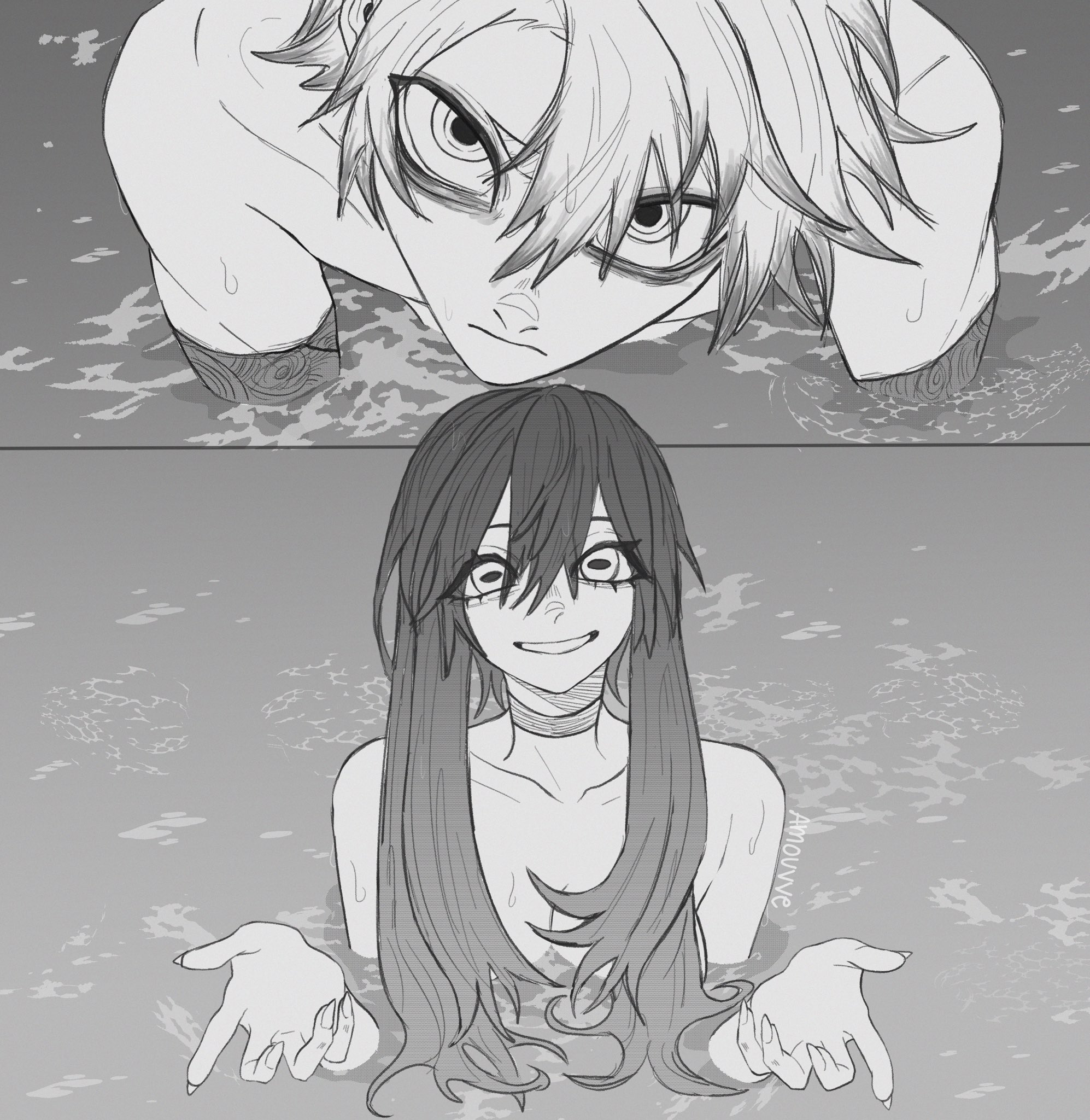 amouvve, amo empool, rudo surebrec, chainsaw man, gachiakuta, highres, 1boy, 1girl, choker, closed mouth, greyscale, hair between eyes, hands up, horizontal pupils, i'll teach you everything (chainsaw man), implied nudity, long hair, monochrome, parted bangs, pool, scene reference, smile, water