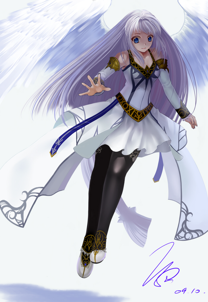 miyazakisoul, reah (ys), ancient ys vanished, ys, ys origin, silver hair, bad id, bad pixiv id, 1girl, blue eyes, dated, female focus, legs, signature, solo, thighhighs, white background, wings