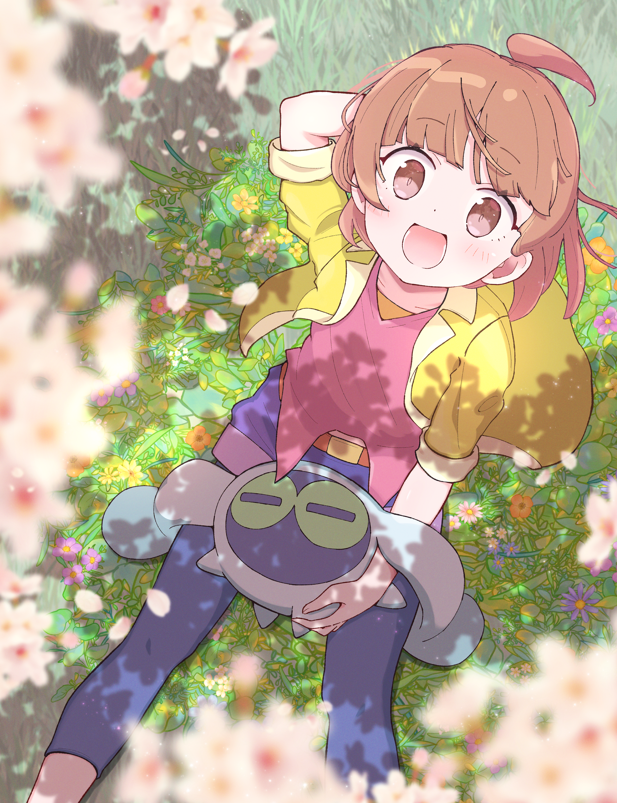 jazz grace, atari (puyopuyo), puyopuyo, puyopuyo quest, absurdres, commentary request, highres, 1girl, 1other, ahoge, animal ears, belt, belt buckle, blurry, blurry foreground, blush, brown eyes, brown hair, buckle, coat, flower, hand on own head, looking at viewer, looking up, loose hair strand, non-humanoid robot, on grass, open mouth, pink shirt, purple shorts, puubot (puyopuyo), rabbit ears, robot, shirt, short hair, shorts, sitting, very long ears, wind, wind lift, yellow coat