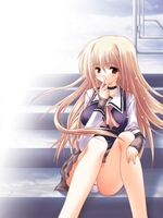 original, game cg, lowres, non-web source, blonde hair, brown eyes, long sleeves, panties, school uniform, stairs, underwear