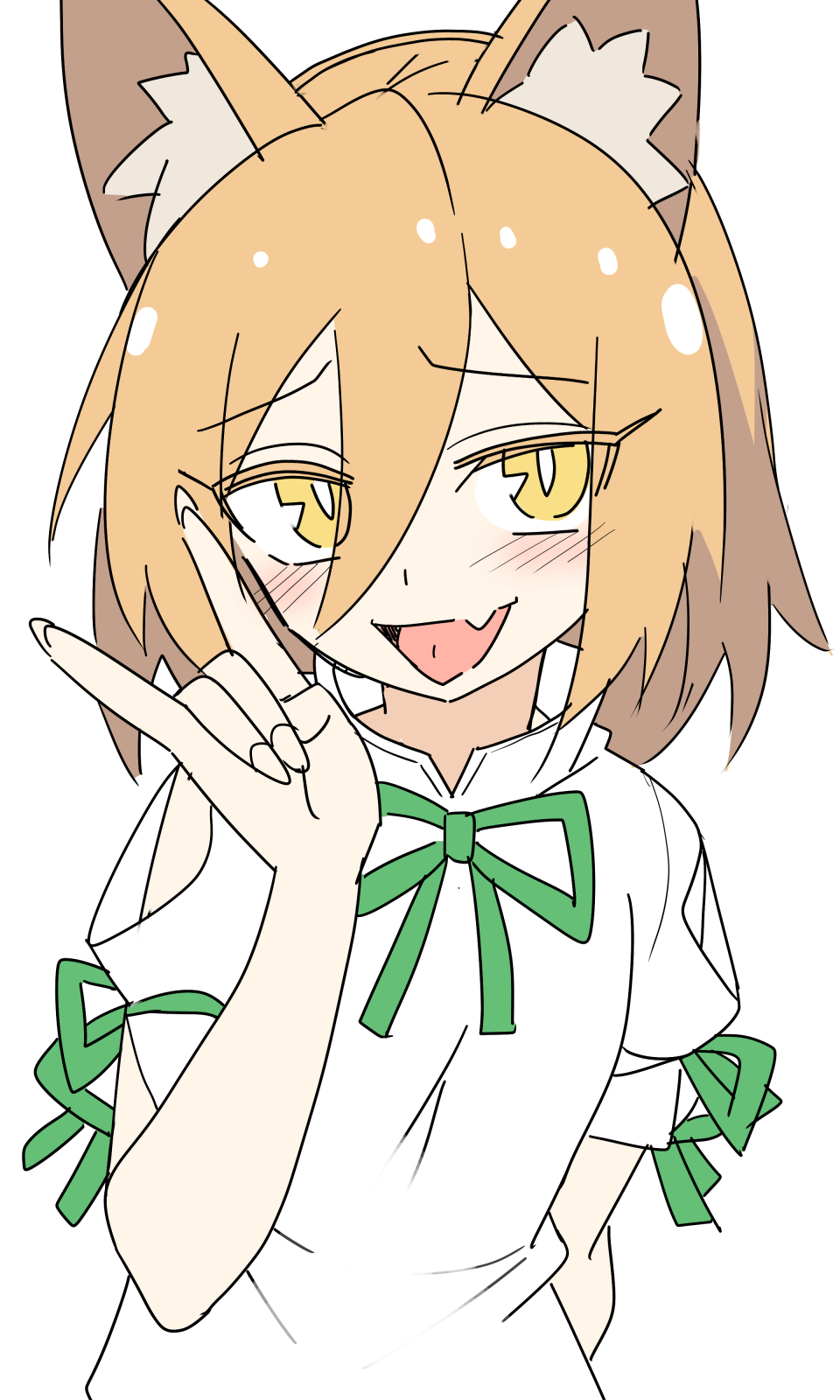 e.o., kudamaki tsukasa, touhou, commentary request, highres, 1girl, animal ear fluff, animal ears, blonde hair, blush, bright pupils, fang, fingernails, fox ears, fox girl, fox shadow puppet, green ribbon, hair between eyes, hand up, long hair between eyes, looking at viewer, neck ribbon, open mouth, puffy short sleeves, puffy sleeves, ribbon, romper, short hair, short sleeves, simple background, skin fang, smile, solo, upper body, white background, white pupils, white romper, yellow eyes