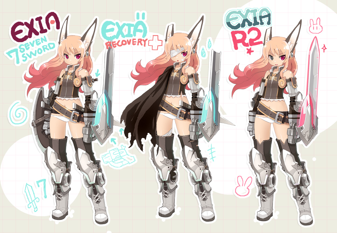 armcho, exia, gundam exia, gundam, gundam 00, original, bad id, bad pixiv id, animal ears, armor, bandages, belt, belt skirt, cape, eyepatch, full body, greaves, heterochromia, long hair, mecha musume, panties, parody, pink hair, shield, standing, thighhighs, underwear, weapon