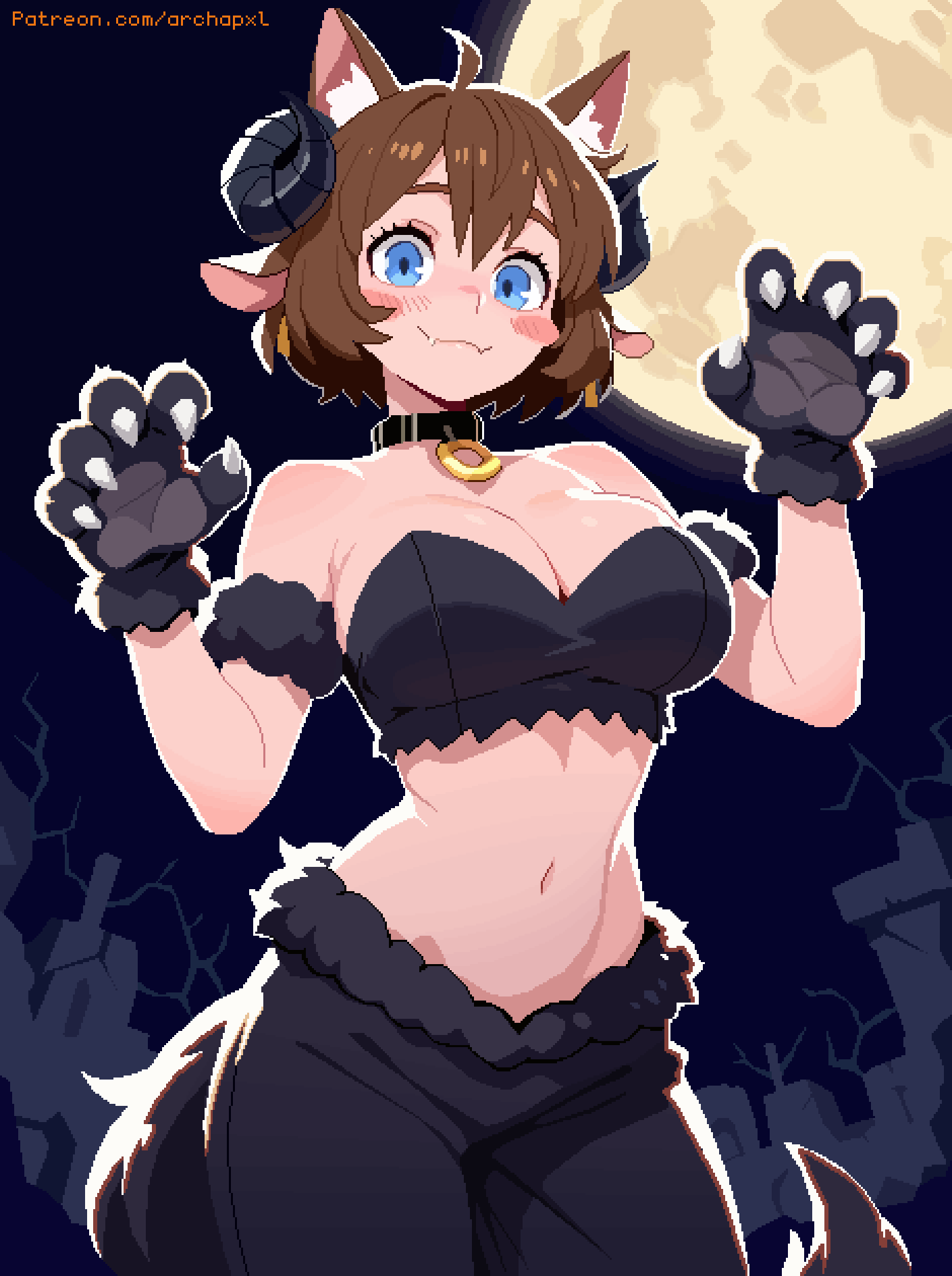 archapxl, anya (archapxl), original, highres, 1girl, ahoge, animal ear fluff, animal ears, animal hands, armband, bare shoulders, black armband, black collar, black gloves, black horns, black pants, blue eyes, blush, blush stickers, breasts, brown hair, cat ears, cat girl, claw pose, cleavage, closed mouth, collar, cowboy shot, fang, fangs, full moon, gloves, hair between eyes, halloween, hands up, horns, jaggy lines, large breasts, looking at viewer, midriff, moon, navel, night, night sky, pants, patreon username, paw gloves, pixel art, short hair, skin fang, sky, smile, solo, standing, tail, watermark, web address