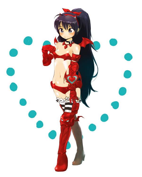 mago, ganaha hibiki, idolmaster, idolmaster (classic), bad id, bad pixiv id, 00s, 1girl, black hair, blush, boots, bra, elbow gloves, female focus, flat chest, gloves, high heel boots, high heels, lingerie, long hair, nightmare blood, panties, ponytail, solo, striped clothes, striped thighhighs, thighhighs, underwear, underwear only