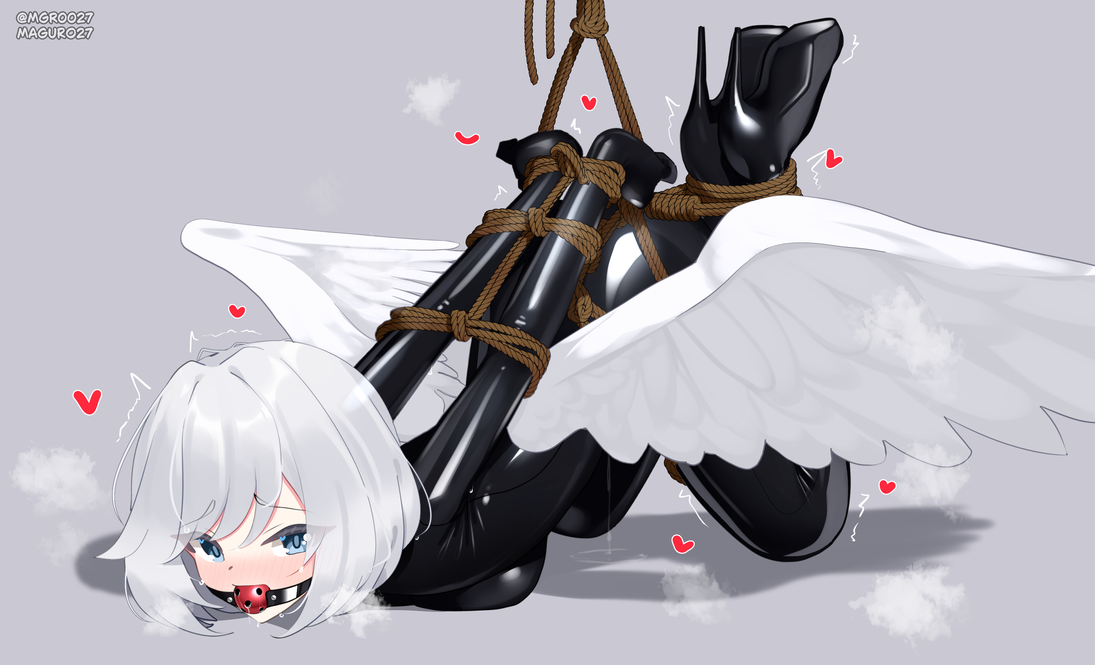 maguro27, original, absurdres, highres, 1girl, arms behind back, ball gag, bdsm, black bodysuit, blue eyes, bodysuit, bound, bound arms, bound legs, feathered wings, full body, gag, gagged, grey background, high heels, latex, latex bodysuit, looking at viewer, rope, shadow, shibari, shibari over clothes, shiny clothes, short hair, skin tight, solo, white hair, wiffle gag, wings