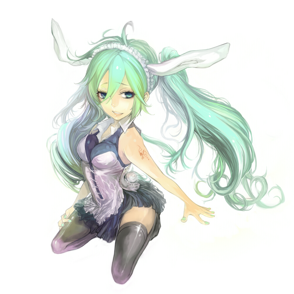 tcb, hatsune miku, vocaloid, bad id, bad pixiv id, 1girl, animal ears, blue eyes, blue hair, female focus, green hair, kneeling, long hair, matching hair/eyes, rabbit ears, skirt, solo, thighhighs, twintails, zettai ryouiki
