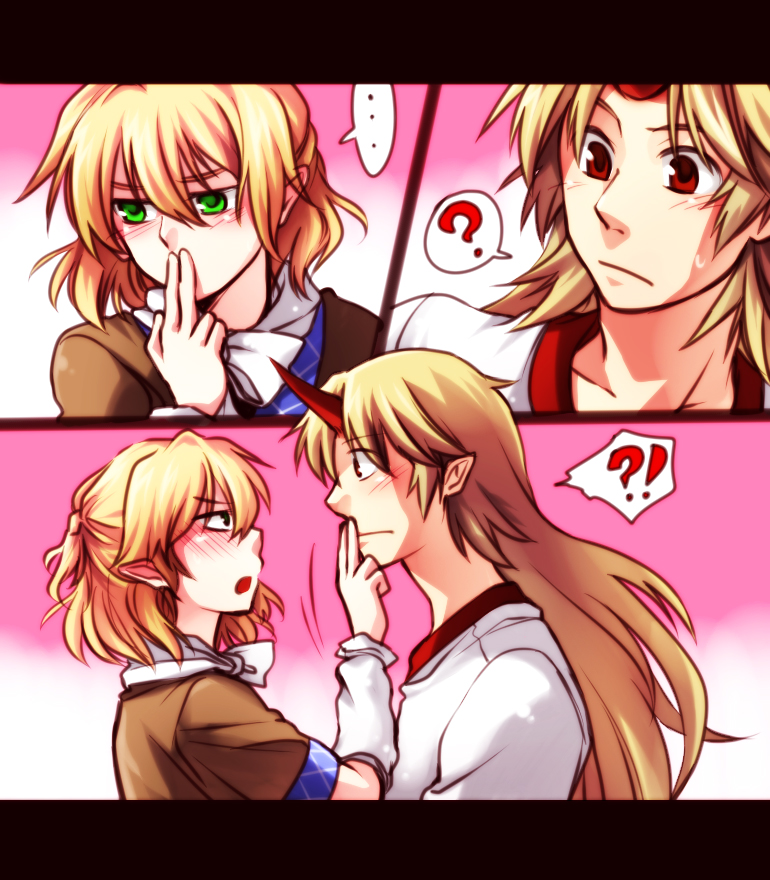 re ghotion, hoshiguma yuugi, mizuhashi parsee, touhou, bad id, bad pixiv id, !?, 2girls, ?, blonde hair, blush, female focus, green eyes, half updo, horns, long hair, multiple girls, pointy ears, short hair, single horn