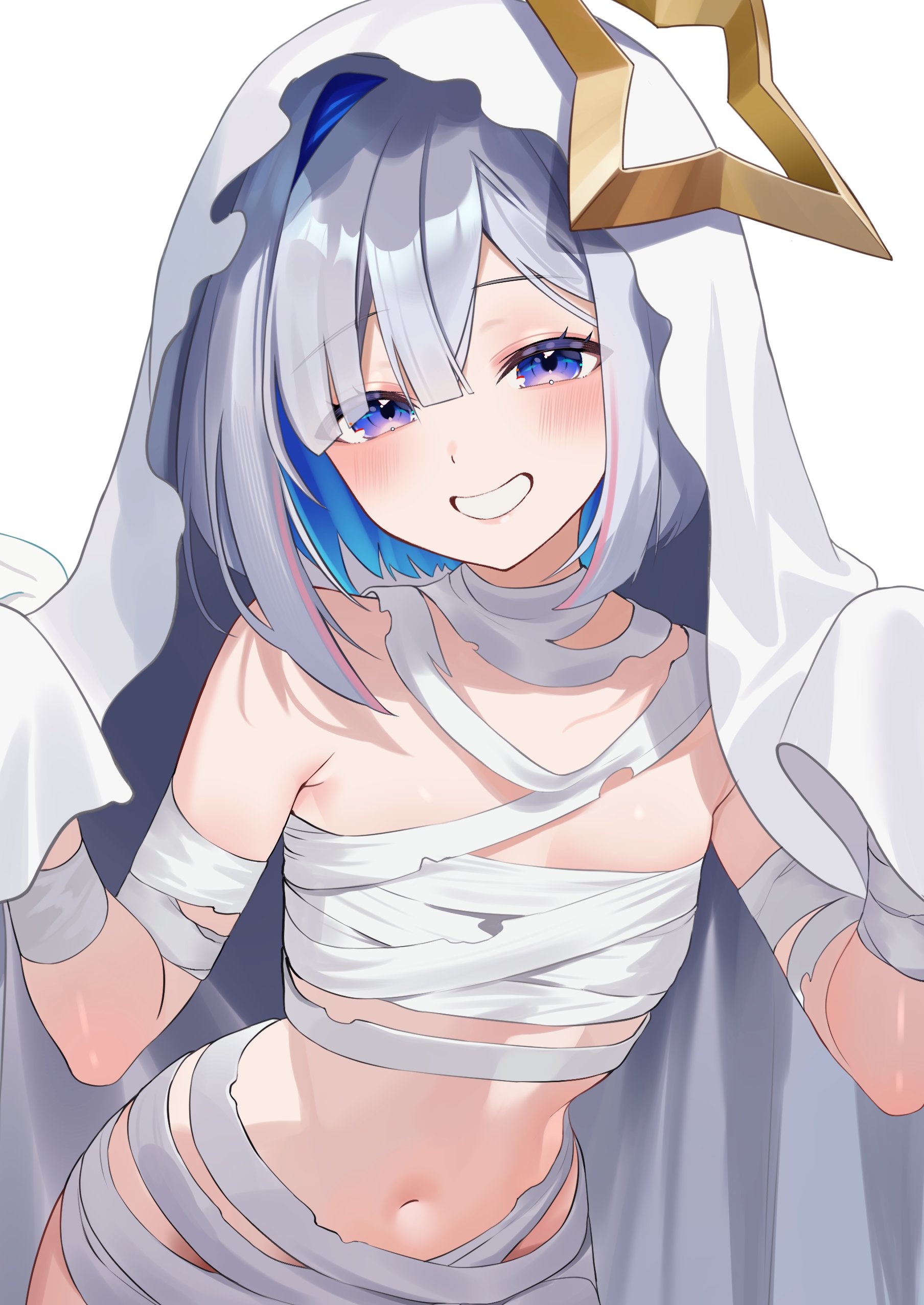 uekana9, amane kanata, hololive, absurdres, commentary, english commentary, highres, 1girl, alternate costume, bandages, blue hair, blush, colored inner hair, crossed bangs, grey hair, grin, halloween, halloween costume, halo, looking at viewer, medium hair, multicolored hair, mummy costume, naked bandage, navel, pink streaks, sheet ghost, short hair, simple background, single hair intake, smile, solo, star halo, stomach, virtual youtuber, white background