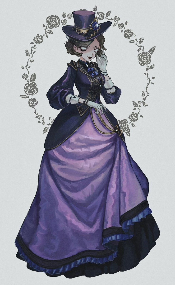 hnnstkn001, mary (amethyst duchess) (identity v), mary (identity v), identity v, highres, protected link, 1girl, ascot, bow, brooch, brown hair, circle skirt, collared vest, dress, flower, frills, full body, gem, gloves, gown, grey background, hand up, hat, hat flower, jewelry, long dress, long sleeves, looking at viewer, makeup, mini hat, mini top hat, open mouth, parted bangs, puffy sleeves, purple dress, rose, short hair, simple background, smile, solo, standing, top hat, vest, white background, white eyes, white gloves