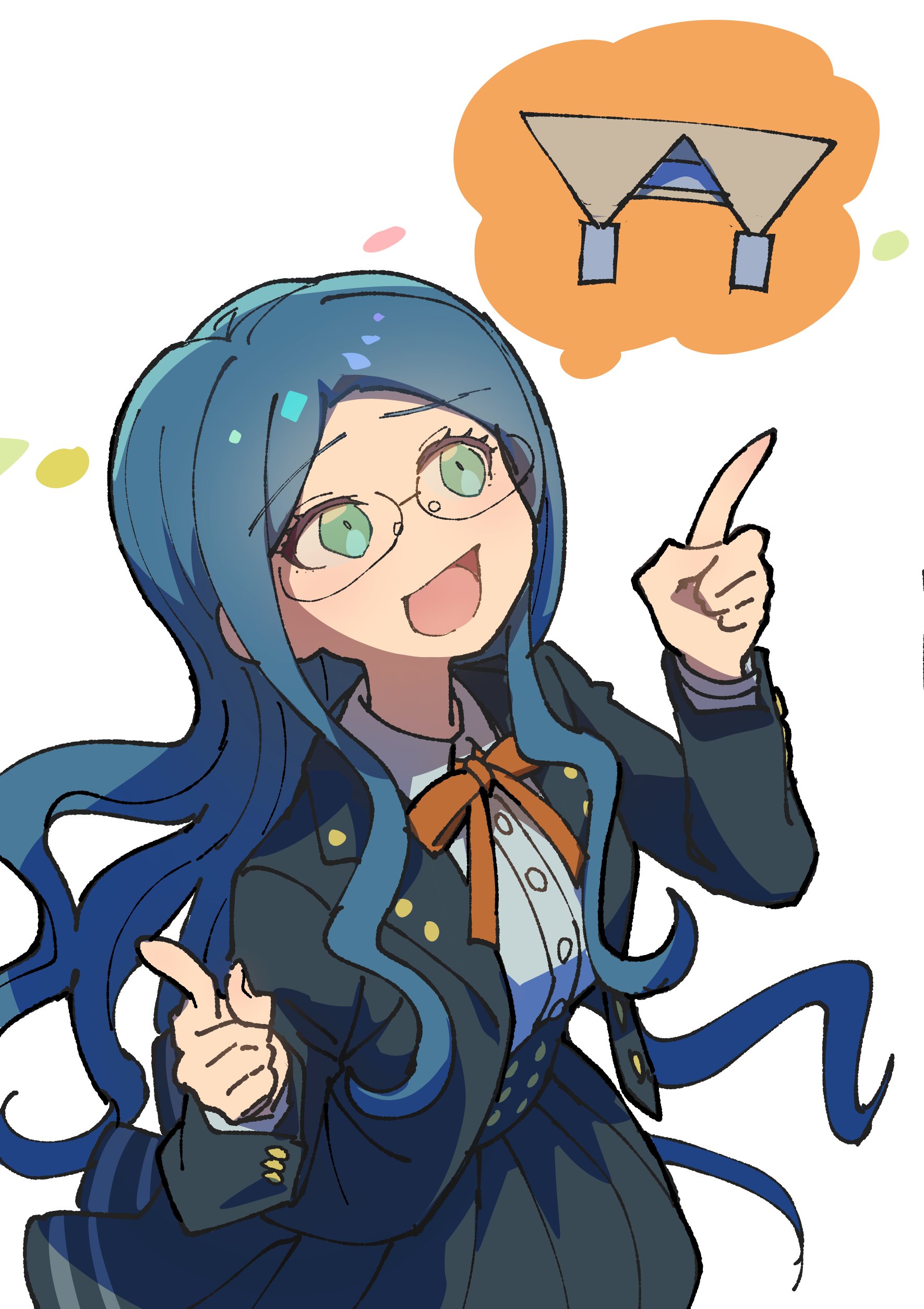youko-shima, shirogane tsumugi, danganronpa (series), danganronpa v3: killing harmony, absurdres, highres, 1girl, :d, black jacket, black skirt, dress shirt, glasses, green eyes, green hair, index finger raised, jacket, long hair, long sleeves, open clothes, open jacket, open mouth, parted bangs, pleated skirt, shirt, simple background, skirt, smile, white background, white shirt