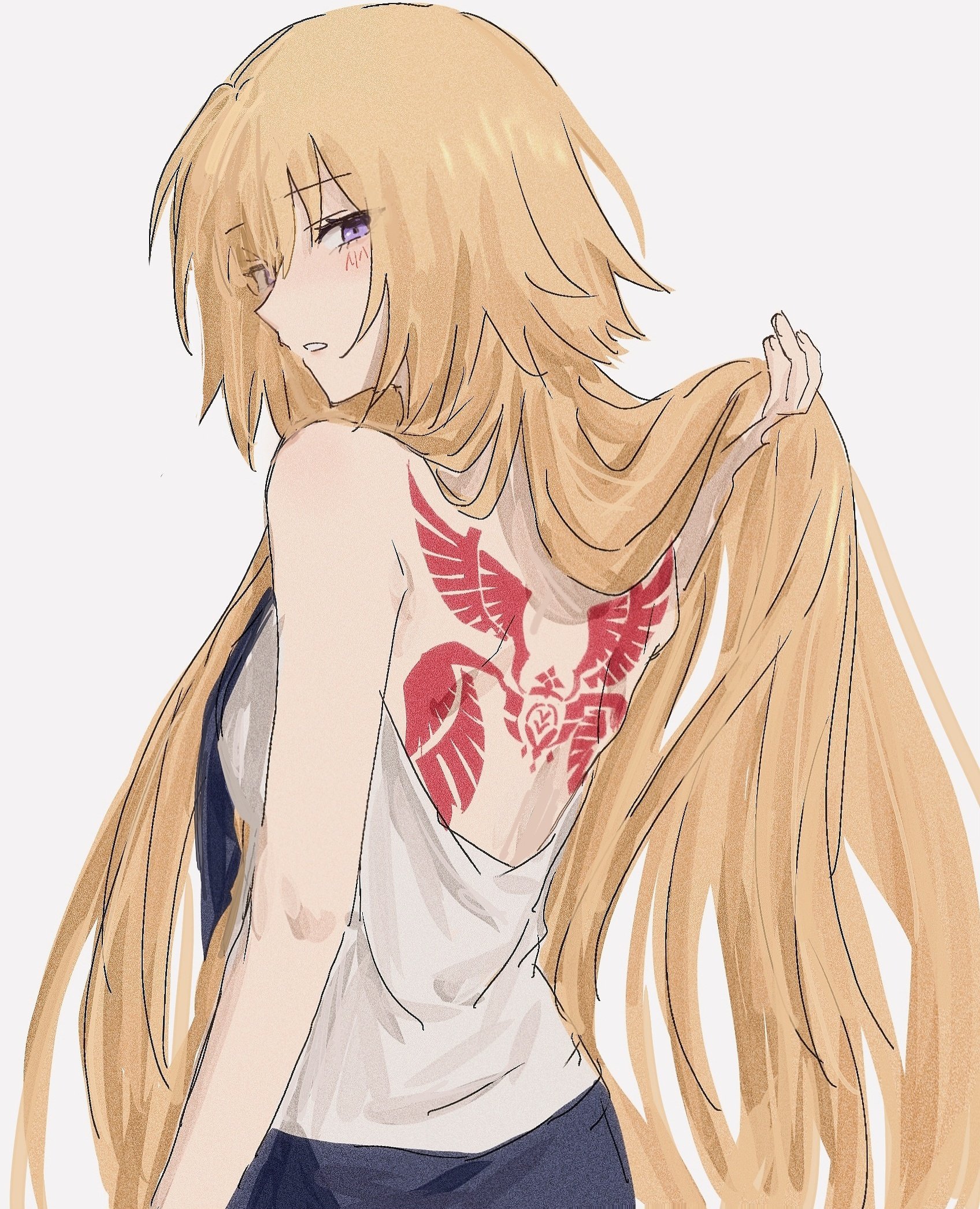 nekwnek, jeanne d'arc (fate), jeanne d'arc (girl from orleans) (fate), fate/apocrypha, fate (series), highres, 1girl, back, back tattoo, backless outfit, backless shirt, black necktie, blush, command spell, from behind, long hair, necktie, purple eyes, shirt, simple background, solo, tattoo, very long hair, white background, white shirt