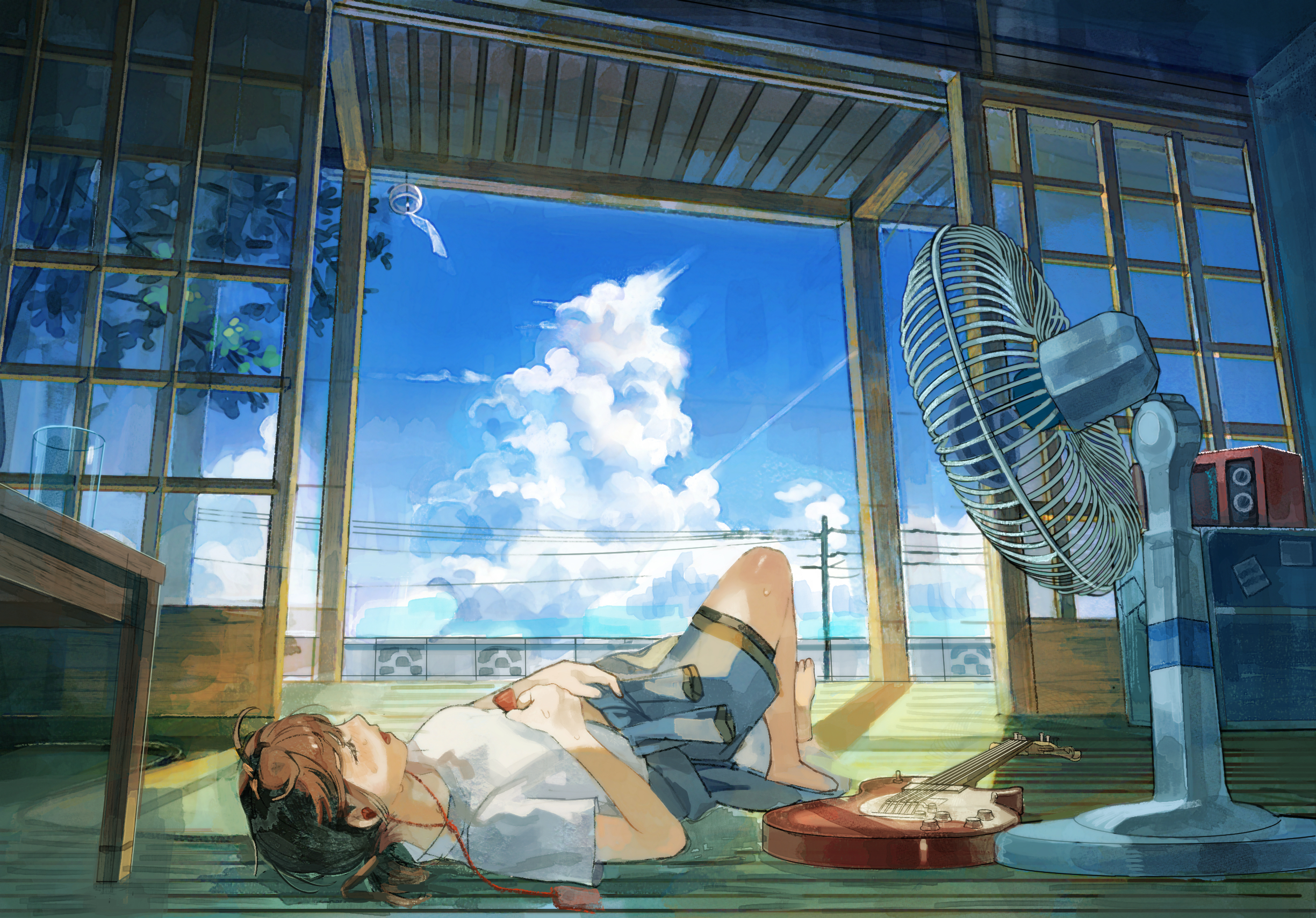 original, highres, 1girl, barefoot, brown hair, clothes around waist, cloud, electric guitar, empty cup, guitar, holding, holding plectrum, indoors, instrument, jacket, jacket around waist, jewelry, lying, music, necklace, pk (53863053), plectrum, ponytail, radio, rotating fan, scenery, short ponytail, singing, summer, table, tree, veranda