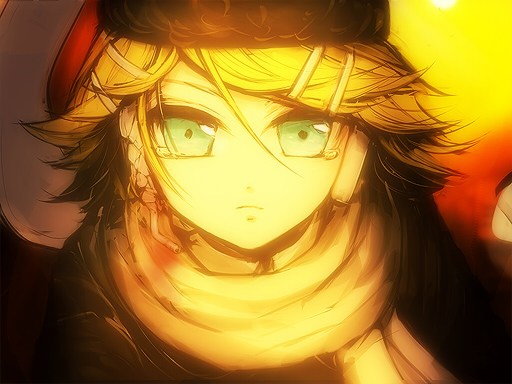 menou kururu, kagamine rin, psycho-puzzle, vocaloid, blonde hair, close-up, green eyes, hair ornament, hairclip, hat, headphones, scarf, short hair, solo