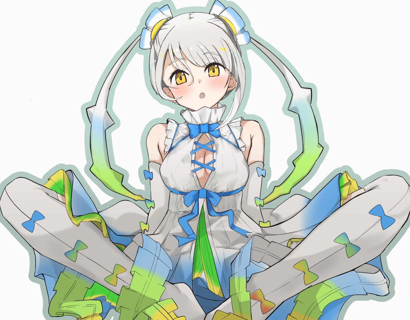 llb, skyfish (kemono friends), kemono friends, kemono friends 3, 1girl, :o, bare shoulders, blue bow, blue bowtie, blue dress, blue hair, blush, boots, bow, bowtie, dress, elbow gloves, frilled dress, frills, gloves, gradient clothes, gradient dress, gradient hair, green dress, green hair, high collar, long hair, looking at viewer, multicolored hair, pleated dress, sitting, sleeveless, solo, thigh boots, twintails, white boots, white dress, white gloves, white hair, yellow eyes