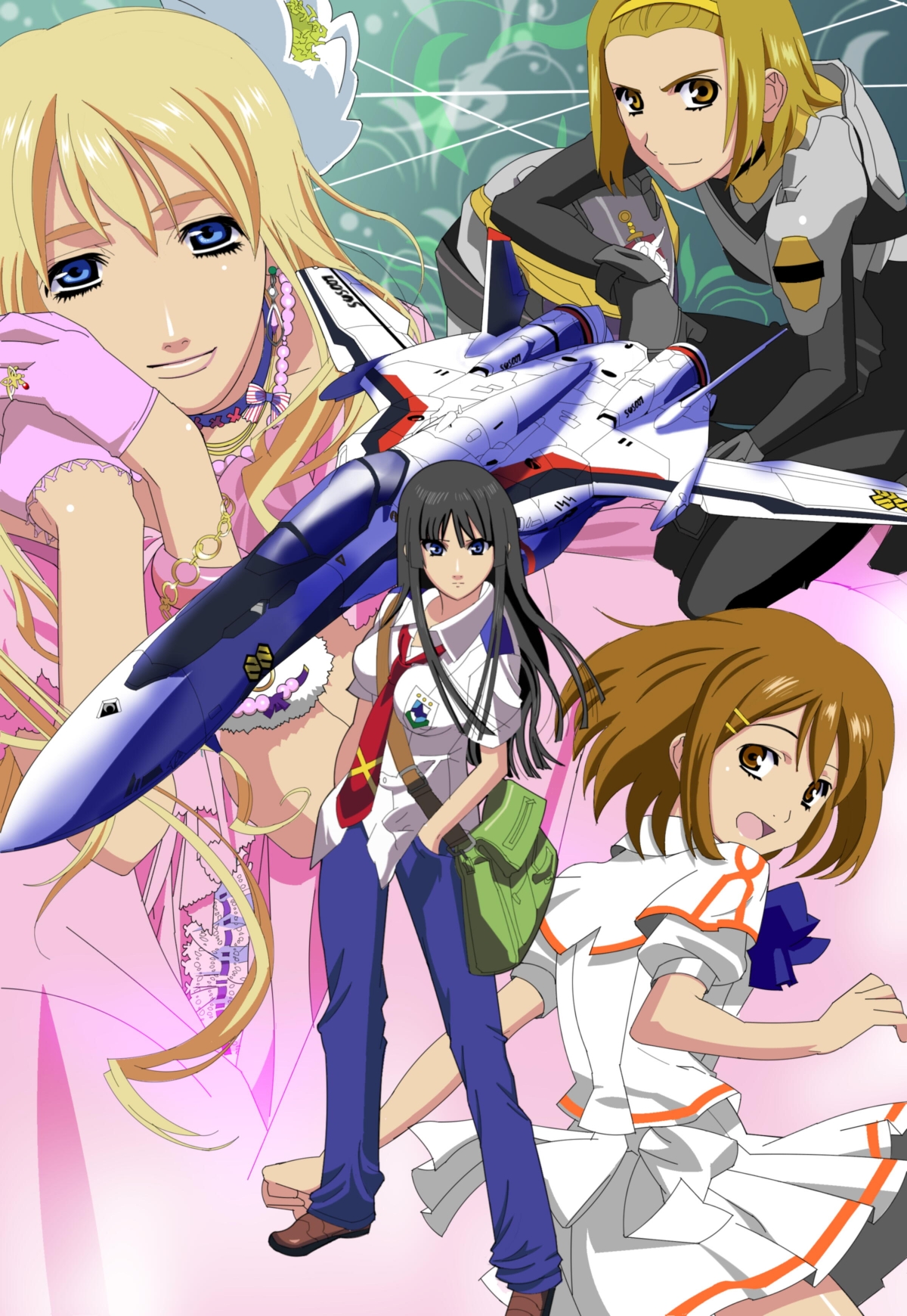 neshougatsu, akiyama mio, hirasawa yui, kotobuki tsumugi, ozma lee, ranka lee, saotome alto, sheryl nome, tainaka ritsu, vf-25, k-on!, macross, macross frontier, bad id, bad pixiv id, derivative work, highres, 4girls, dress, gloves, mecha, multiple girls, parody, robot, school uniform, tomboy