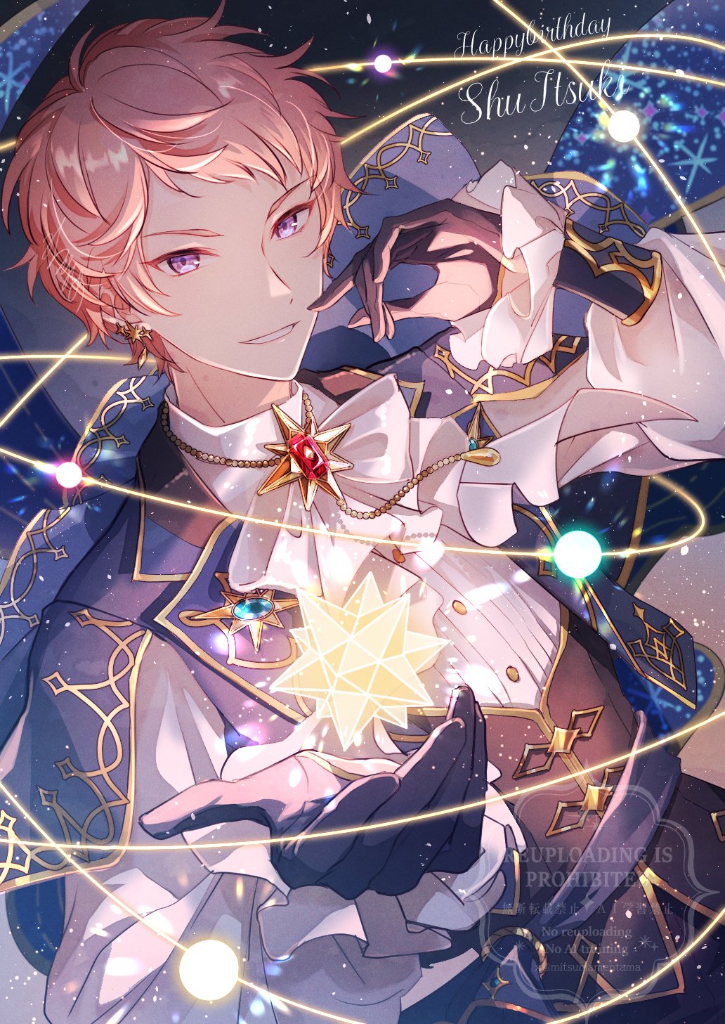 itsuki shu, ensemble stars!, commentary, highres, 1boy, black gloves, character name, clenched teeth, earrings, gloves, hands up, happy birthday, hoshi no meidou (ensemble stars!), jewelry, lapels, layered clothes, long sleeves, looking at viewer, male focus, mitsumame (mitsumamentama), notched lapels, official alternate costume, outstretched hand, pink hair, purple eyes, short bangs, short hair, smile, solo, teeth, upper body
