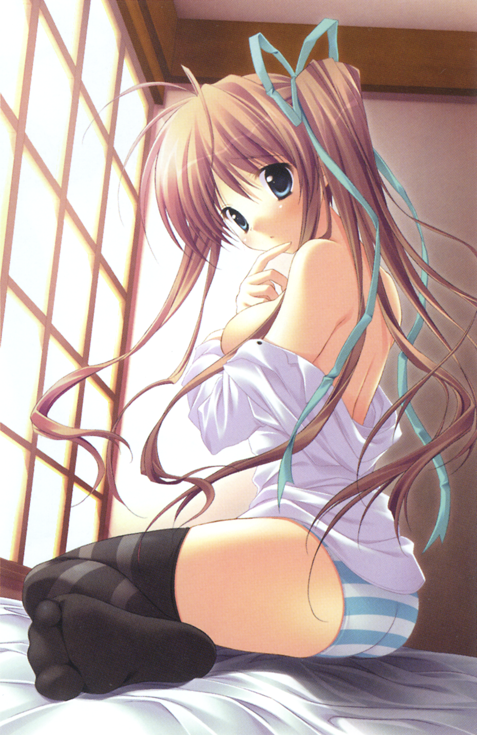 ryouka (suzuya), nagase minato, akane-iro ni somaru saka, highres, lossy-lossless, non-web source, 1girl, ass, bed, bed sheet, black thighhighs, breasts, feet, female focus, green eyes, hair ribbon, long hair, panties, ribbon, shirt, side ponytail, sideboob, solo, striped clothes, striped panties, striped thighhighs, thighhighs, underwear, very long hair