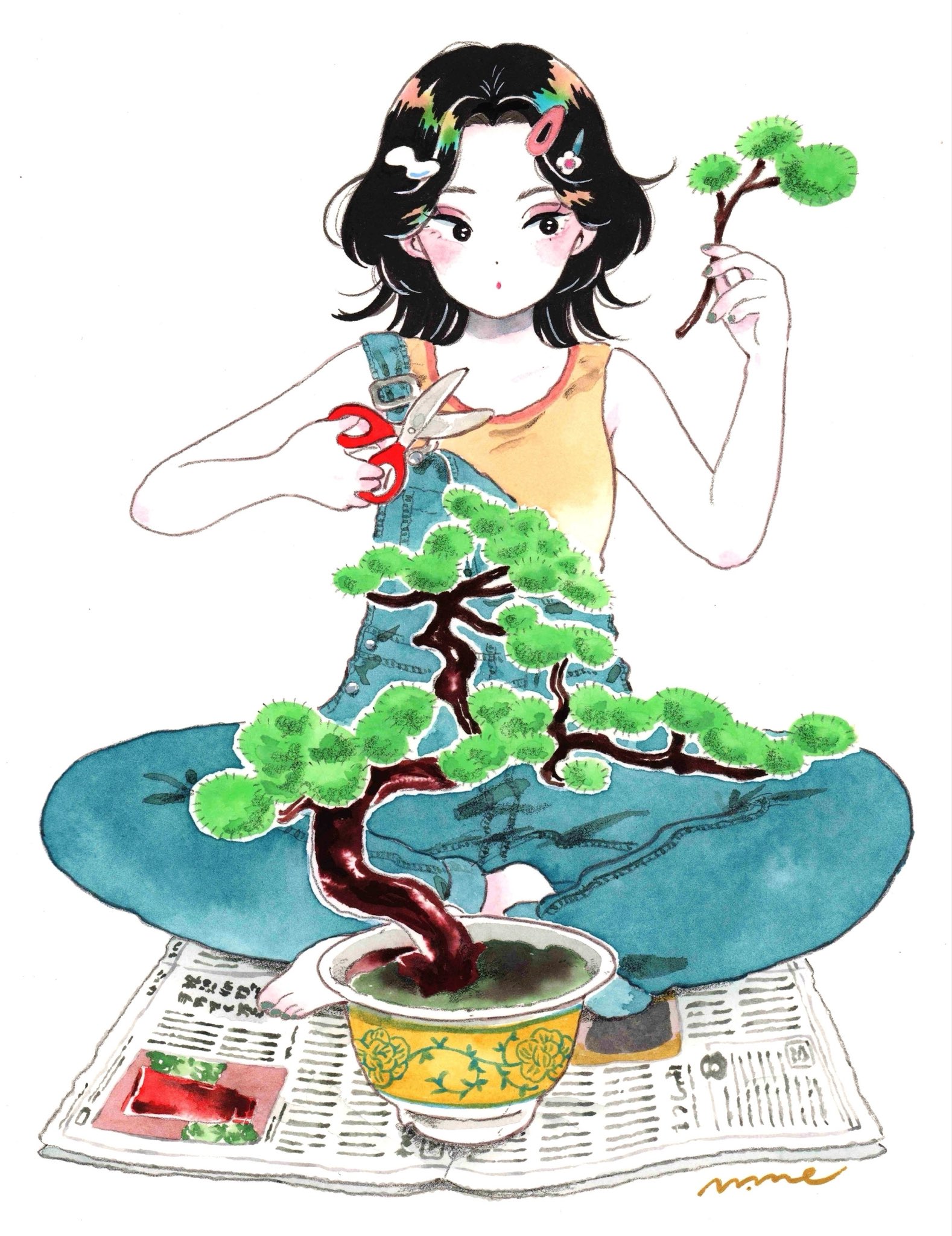 emamemamo33, original, commentary, highres, traditional media, 1girl, barefoot, black eyes, black hair, blue overalls, blush, bonsai, collarbone, colored skin, crossed legs, denim overalls, fingernails, flower, full body, grey nails, hair flower, hair ornament, hairclip, holding, invisible floor, iridescent hair, looking at object, nail polish, newspaper, on ground, overalls, parted hair, plant, potted plant, scissors, short hair, signature, simple background, sitting, solo, tank top, toenail polish, toenails, white background, white skin