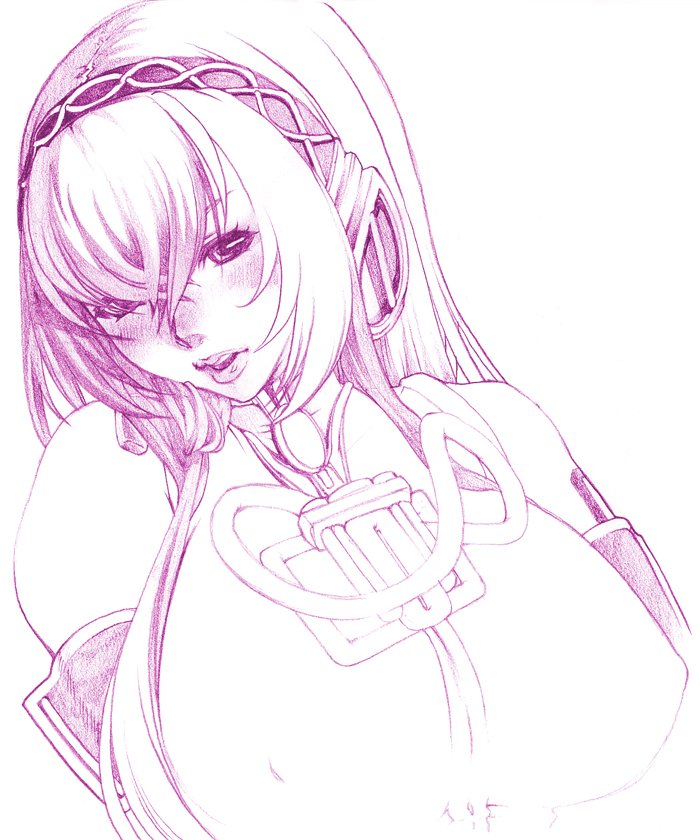 hinupo, megurine luka, vocaloid, 1girl, breasts, cleavage, female focus, headphones, headset, huge breasts, large breasts, lips, long hair, monochrome, purple theme, solo