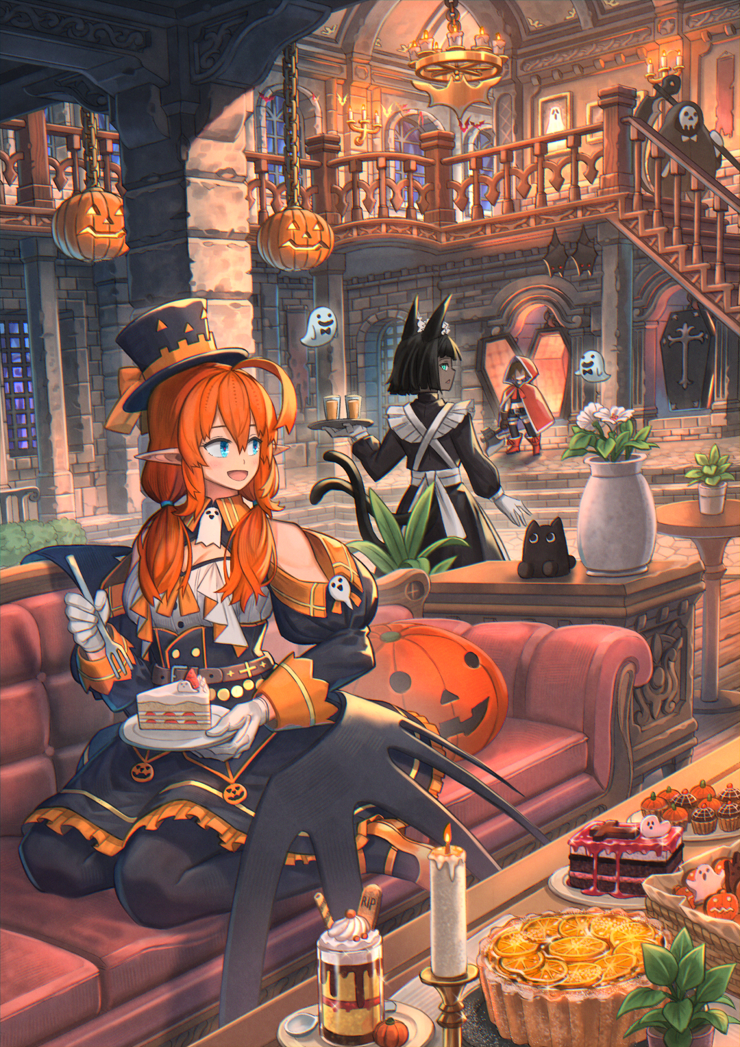nagi itsuki, original, highres, 3girls, :d, ahoge, animal ears, axe, black dress, black pantyhose, blue eyes, cake, candle, candlestand, chandelier, coffin, couch, dark-skinned female, dark skin, dress, eating, extra tails, food, fork, ghost, gloves, halloween, hat, holding, holding fork, holding tray, indoors, jack-o'-lantern, low wings, maid, maid headdress, medium hair, multiple girls, on couch, open mouth, orange hair, pantyhose, plant, pointy ears, potted plant, scythe, sitting, smile, stairs, top hat, tray, vase, white gloves, wings