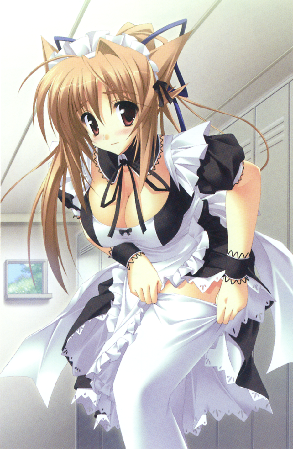 ruton-niki, kiryuu tsukasa (akane-iro ni somaru saka), akane-iro ni somaru saka, highres, non-web source, 1girl, animal ears, blush, bow, breasts, brown hair, choker, cleavage, female focus, headband, large breasts, lingerie, petticoat, ponytail, red eyes, solo, thighhighs, underwear, waitress, white thighhighs