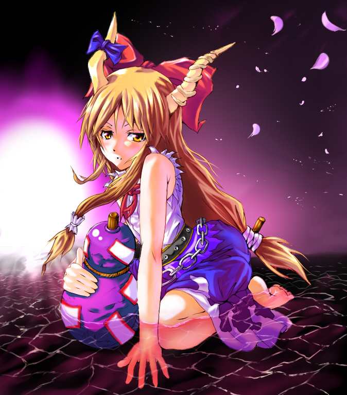 bnd, bondo (artist), bondo (borndragon), ibuki suika, touhou, 1girl, barefoot, bow, female focus, gourd, hair bow, hair ribbon, horns, long hair, orange hair, ribbon, solo, wading, water, yellow eyes