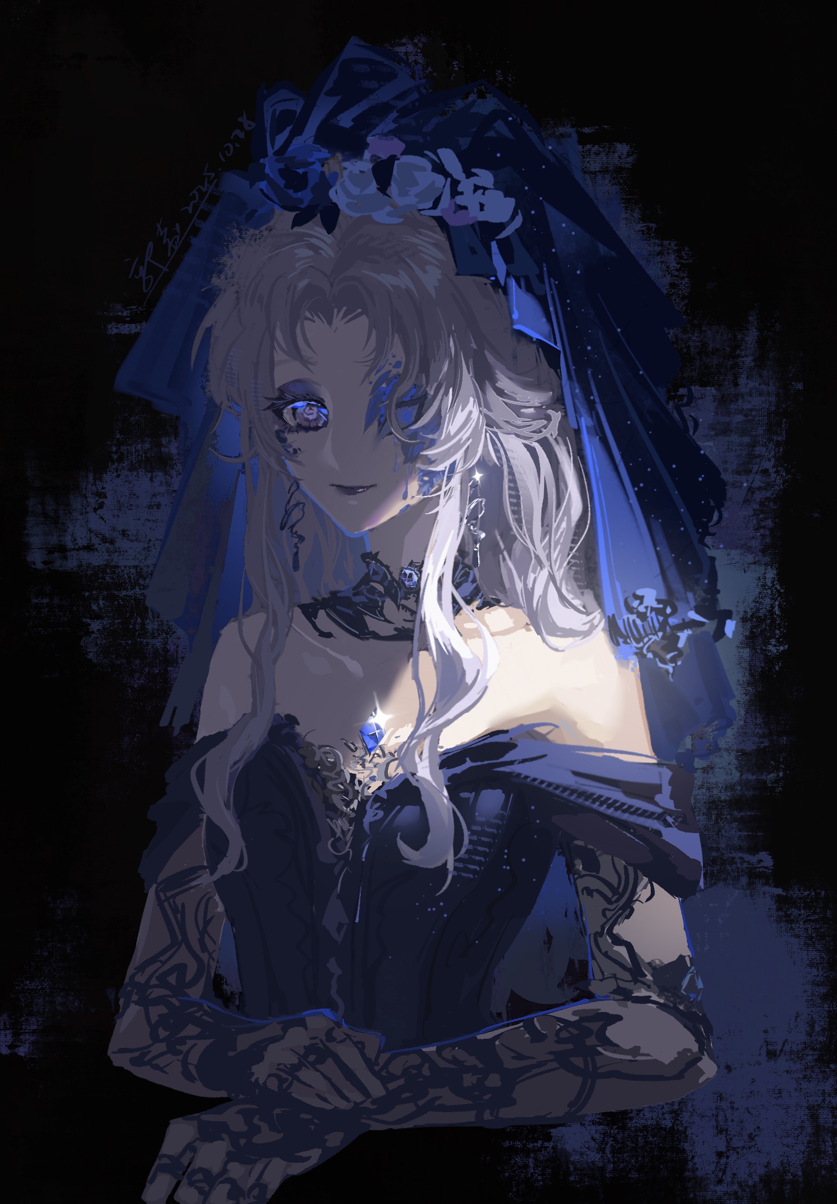 guojiadazonggongw, infinity nikki, nikki (series), chinese commentary, commentary request, highres, 1girl, bare shoulders, black background, black collar, black dress, black gloves, black lips, blue eyes, blue flower, blue gemstone, blue rose, blue veil, bridal veil, chest jewel, closed mouth, collar, detached collar, dress, elbow gloves, eyelashes, flower, gem, gloves, grey hair, hair flower, hair ornament, hand on own wrist, lace, lace-trimmed dress, lace gloves, lace trim, lipstick, long hair, looking ahead, makeup, nameless selfless (infinity nikki), off-shoulder dress, off shoulder, one eye closed, rose, short sleeves, sidelocks, smile, solo, upper body, veil, wavy hair