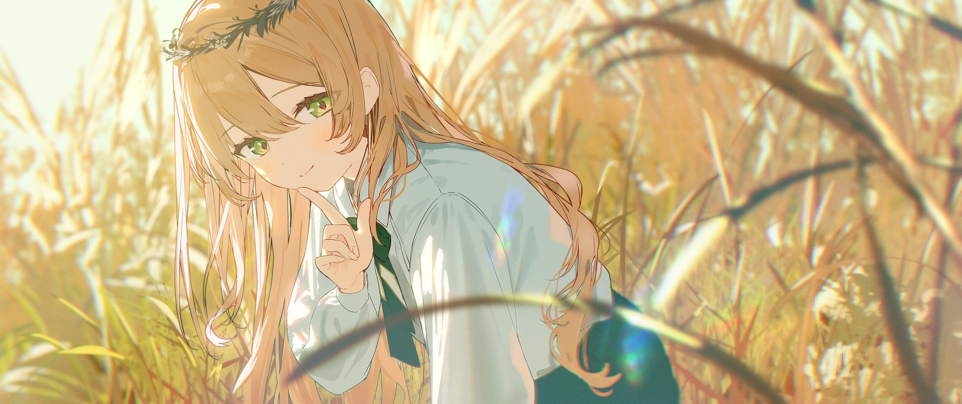 ashima (roro046), original, highres, 1girl, blonde hair, grass, green eyes, long hair, long sleeves, looking at viewer, on grass, shirt, smile, solo, sunlight, white shirt