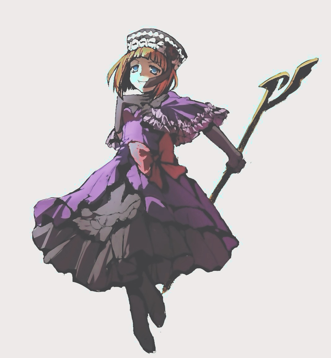eva beatrice, umineko no naku koro ni, 1girl, black dress, black gloves, black shoes, blue eyes, bob cut, bow, breasts, capelet, dress, dress bow, elbow gloves, frilled capelet, frilled dress, frills, full body, gloves, hat, hat ribbon, holding, holding staff, looking at viewer, orange hair, purple capelet, purple dress, red bow, ribbon, shoes, small breasts, smile, staff, two-tone dress, white background, yingrenzhijie
