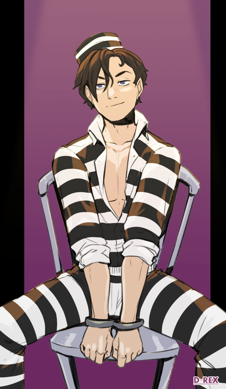 d-rex, original, commentary, english commentary, highres, 1boy, black hat, black pants, black shirt, brown hair, chair, collarbone, cuffs, hair between eyes, handcuffs, hat, pants, pink background, shirt, short hair, sitting, smile, solo, striped clothes, striped hat, striped pants, striped shirt, white hat, white pants, white shirt