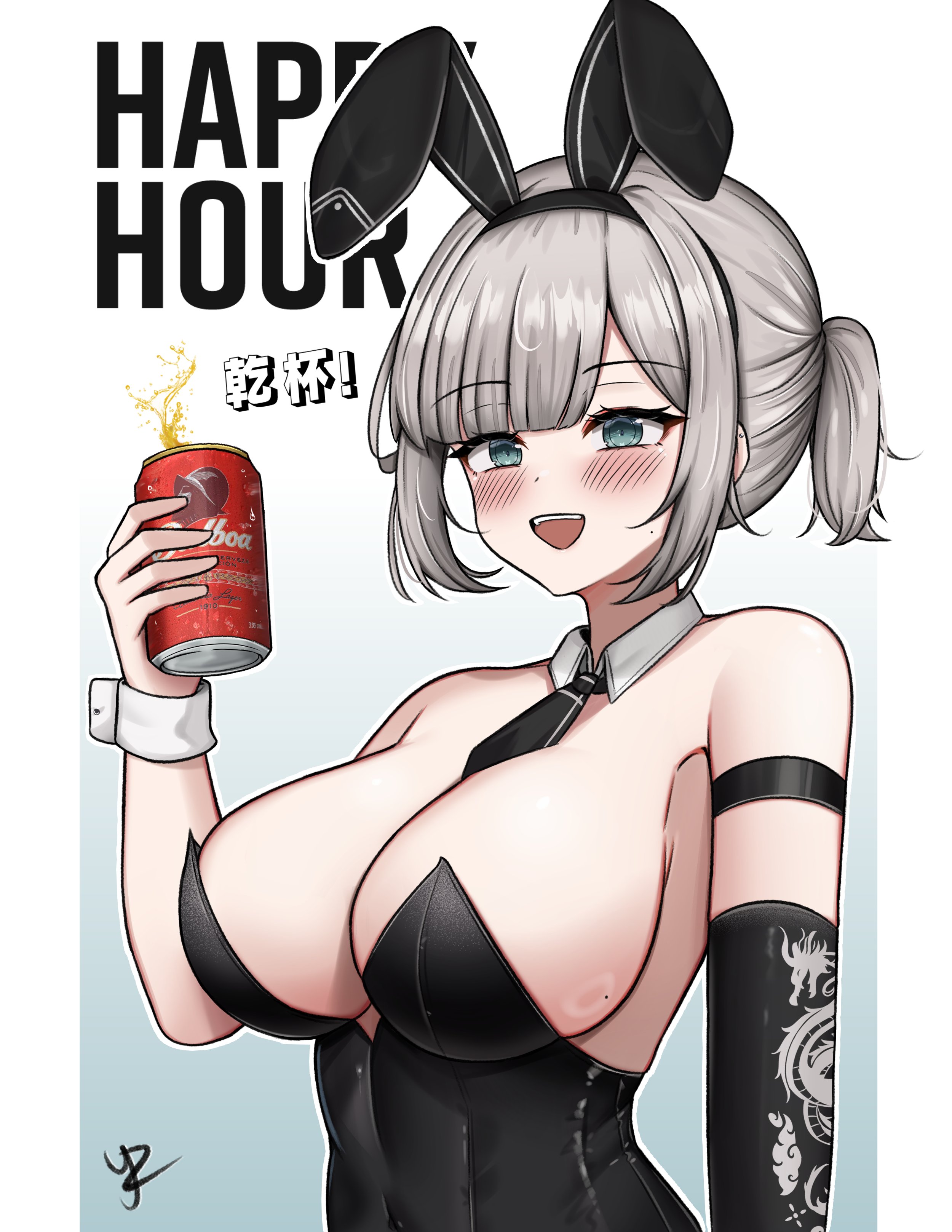 yukaraishin, original, absurdres, commentary, english commentary, highres, translation request, 1girl, animal ear hairband, animal ears, between breasts, black hairband, black leotard, black necktie, blue eyes, breasts, can, detached collar, drink can, fake animal ears, grey hair, hairband, holding, holding can, large breasts, leotard, looking ahead, necktie, necktie between breasts, open mouth, parted bangs, playboy bunny, ponytail, rabbit ear hairband, rabbit ears, short hair, short ponytail, sidelocks, smile, solo, strapless, strapless leotard, upper body, white background, white wrist cuffs, wrist cuffs