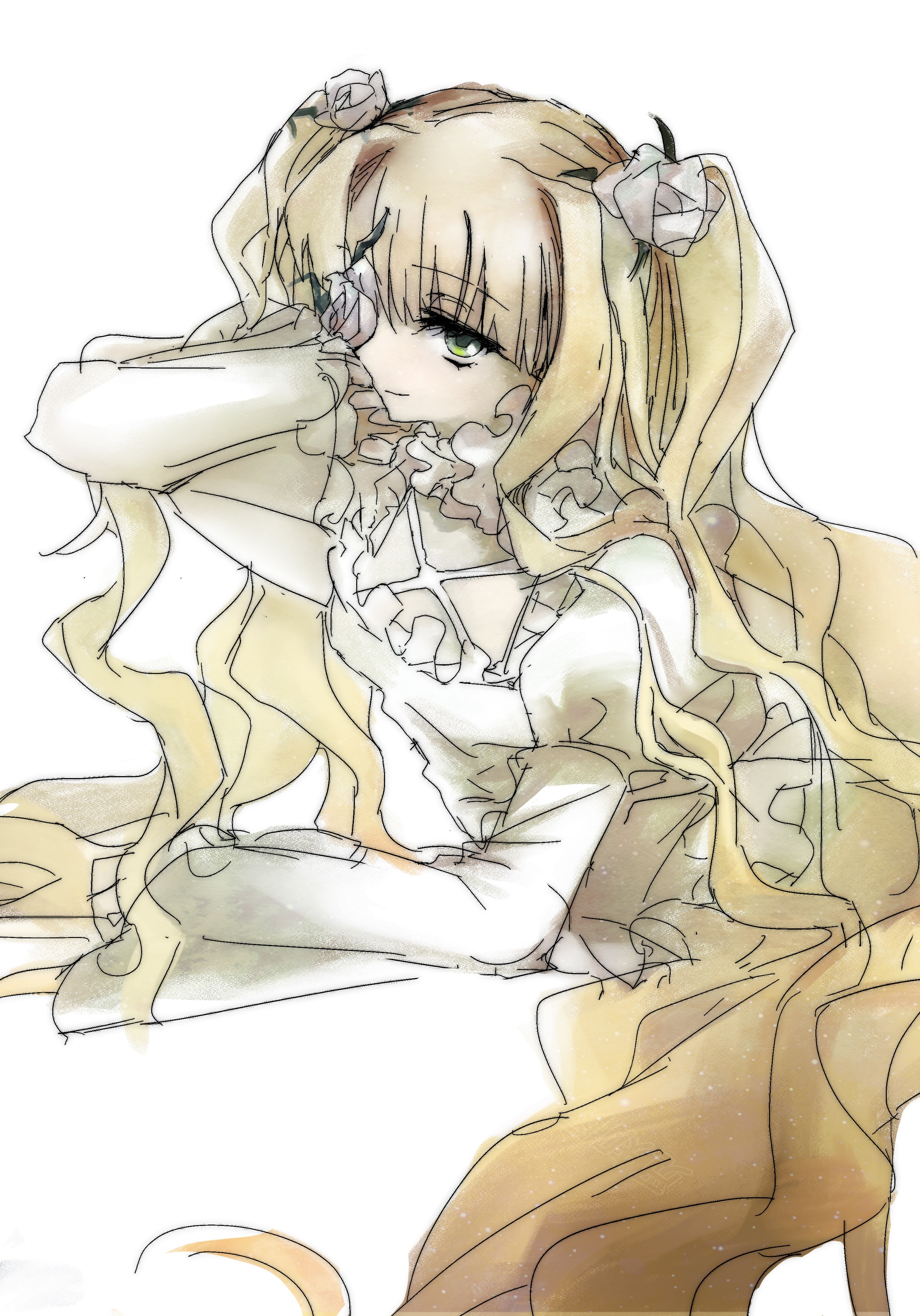 kirakishou, rozen maiden, absurdres, highres, 1girl, blonde hair, blunt bangs, dress, flower, flower over eye, frilled dress, frills, green eyes, hair flower, hair ornament, hand on own face, long hair, looking at viewer, puffy sleeves, rose, smile, solo, twintails, upper body, very long hair, wavy hair, white background, white dress, white flower, white rose, yingrenzhijie