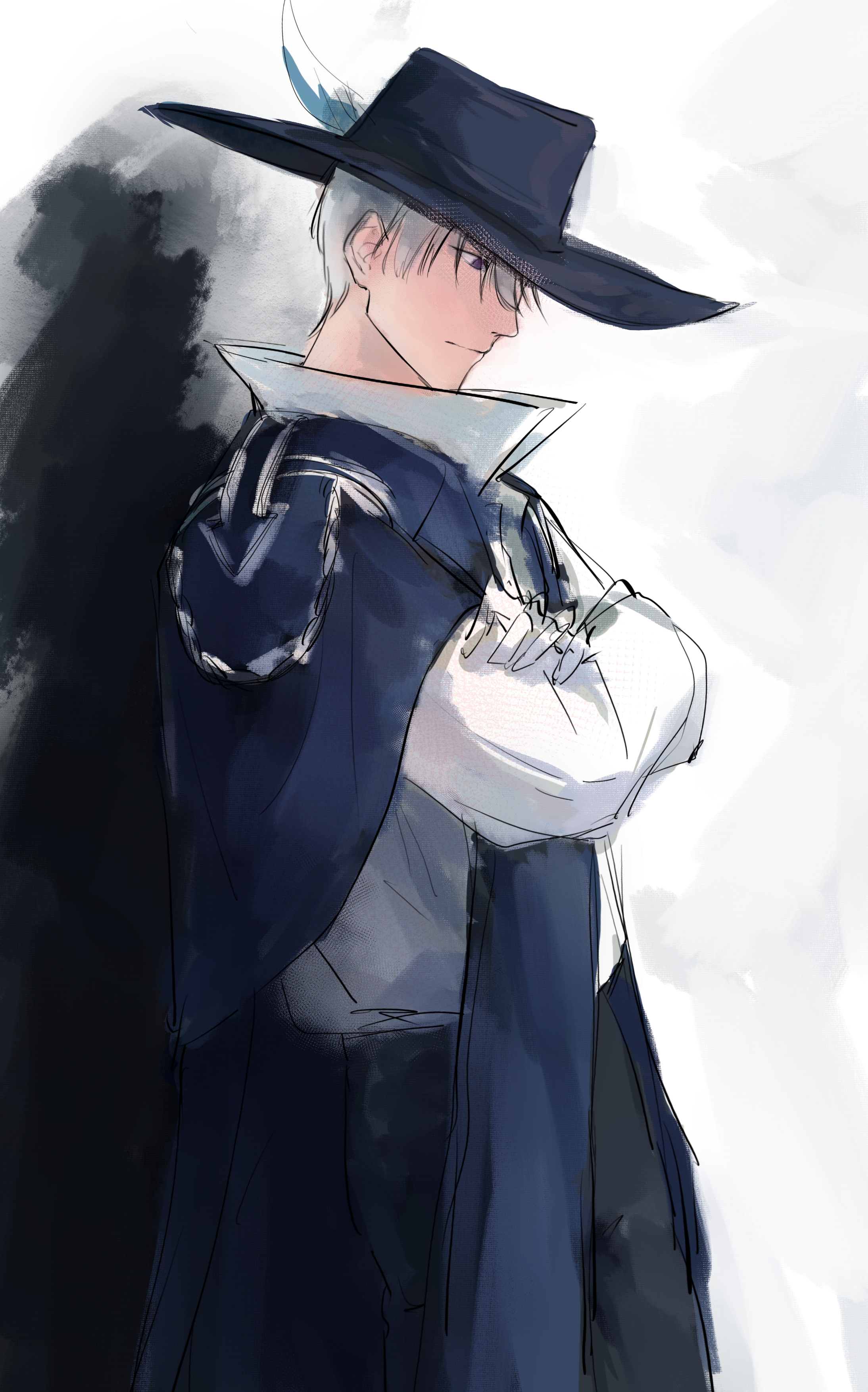 giovanni (infinity nikki), infinity nikki, nikki (series), absurdres, chinese commentary, clip studio paint (medium), commentary request, highres, 1boy, black hat, black pants, blue cape, blue eyes, cape, closed mouth, collared shirt, cowboy shot, crossed arms, expressionless, gloves, grey hair, hair between eyes, hat, hat feather, high collar, lairifangzhang532, long sleeves, looking down, male focus, pants, pointy nose, puffy long sleeves, puffy sleeves, shadow, shirt, short hair, solo, white background, white gloves, white shirt