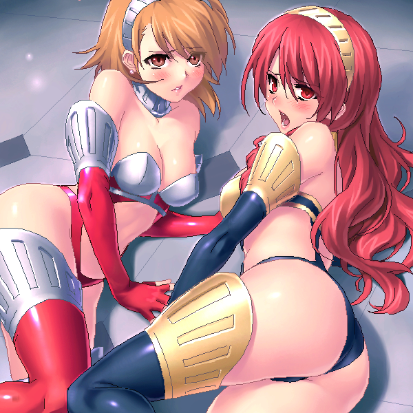 zen, kirijou mitsuru, takeba yukari, atlus, persona, persona 3, 2girls, alternate costume, ass, bikini, blush, boots, brown eyes, brown hair, choker, elbow gloves, gloves, hairband, high-cut armor (persona), long hair, multiple girls, red eyes, red hair, short hair, swimsuit, thigh boots, thighhighs, thong bikini
