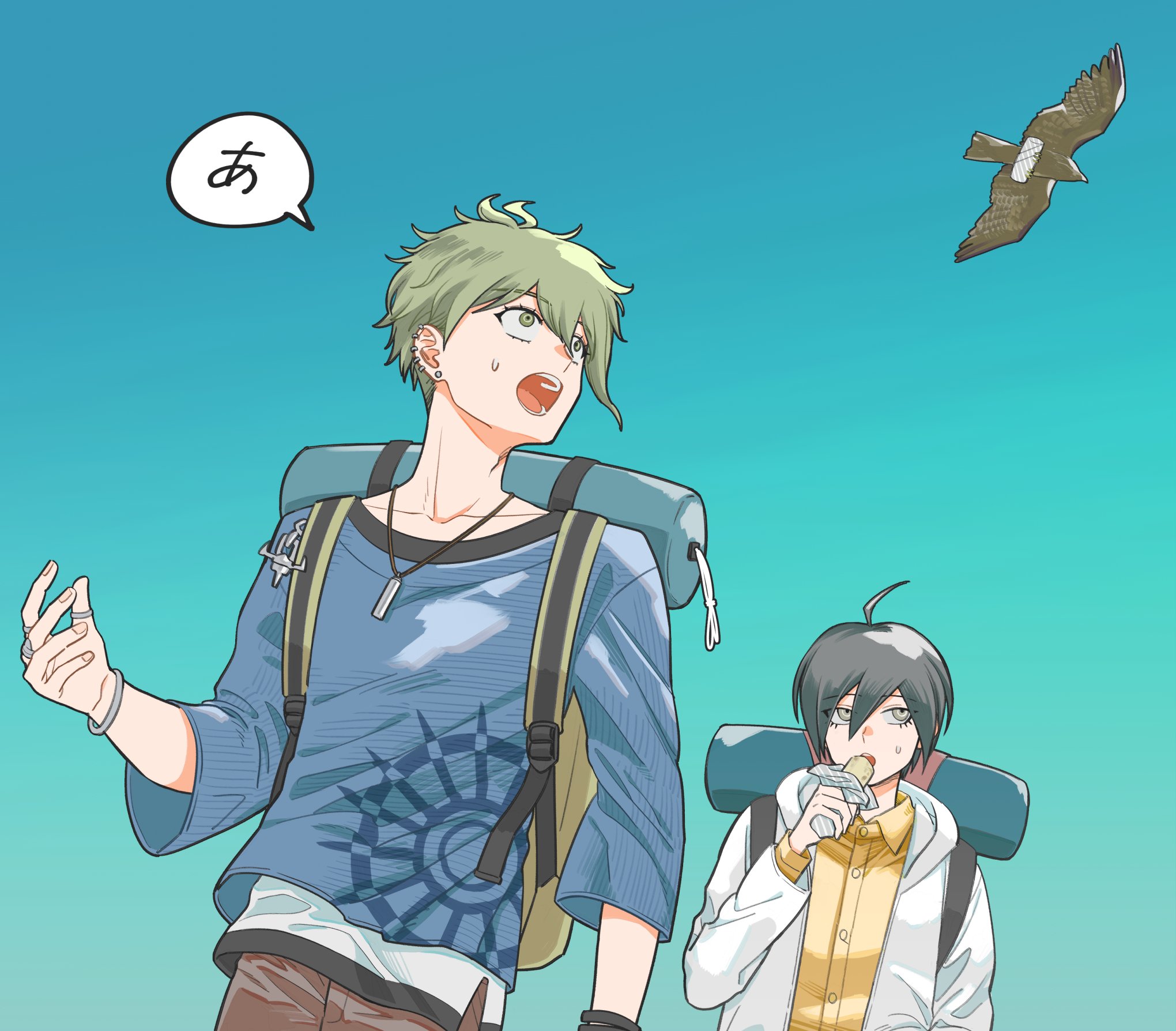 moi (arararcrc), saihara shuichi, danganronpa (series), danganronpa v3: killing harmony, commentary request, highres, translation request, 2boys, :o, ahoge, alternate costume, animal, backpack, bag, bird, black hair, bracelet, collarbone, eating, food, green eyes, green hair, jewelry, long sleeves, multiple boys, necklace, ring, shirt, short hair, speech bubble, striped clothes, striped shirt, sweat, sweatdrop, teeth