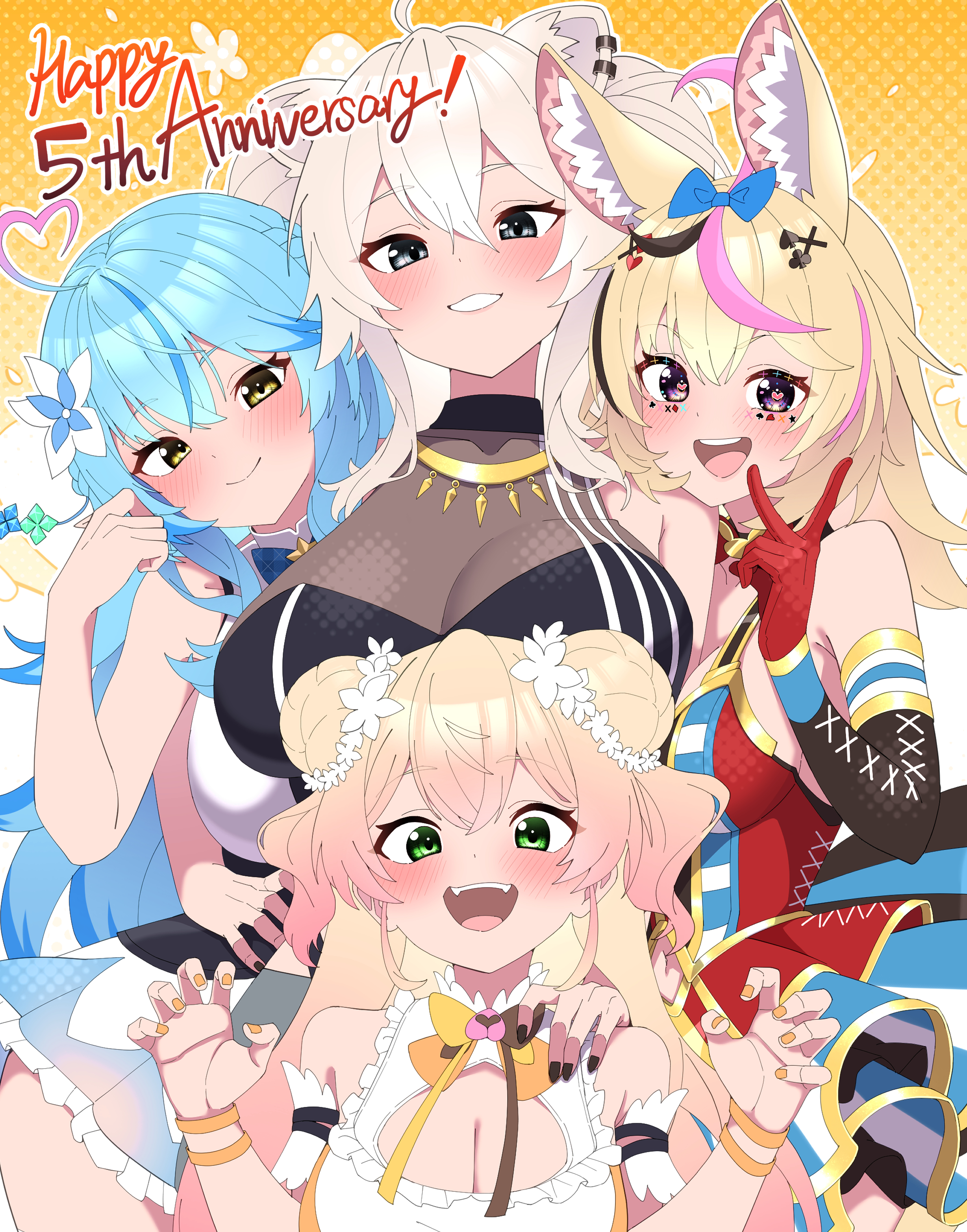 porco j, momosuzu nene, momosuzu nene (1st costume), omaru polka, omaru polka (1st costume), shishiro botan, shishiro botan (1st costume), yukihana lamy, yukihana lamy (1st costume), hololive, absurdres, commentary request, highres, 4girls, ahoge, animal ear piercing, animal ears, arm around waist, bell, black shirt, black streaks, blonde hair, blue bow, blue hair, blue shirt, blue skirt, blush, bow, bowtie, breasts, brown bow, brown bowtie, claw pose, cleavage, cleavage cutout, clothing cutout, club hair ornament, crossed bangs, dot nose, double bun, earclip, elf, flower, fox ears, fox girl, frilled shirt, frills, gloves, gold necklace, green eyes, grey eyes, grey hair, hair bow, hair bun, hair flower, hair ornament, halter shirt, halterneck, hands up, heart, heart ahoge, jewelry, jingle bell, large breasts, layered skirt, lion ears, lion girl, long hair, looking at viewer, mark under eye, miniskirt, multicolored bow, multicolored bowtie, multicolored hair, multicolored shirt, multicolored skirt, multiple girls, nail polish, neck bell, necklace, nepolabo, open mouth, orange bow, orange bowtie, orange nails, orange shirt, peach ornament, pink hair, pointy ears, purple eyes, purple streaks, red shirt, red skirt, see-through cleavage, see-through clothes, shirt, sidelocks, skirt, sleeveless, sleeveless shirt, smile, teeth, two side up, upper teeth only, v, virtual youtuber, white flower, white hair, yellow bow, yellow bowtie, yellow eyes