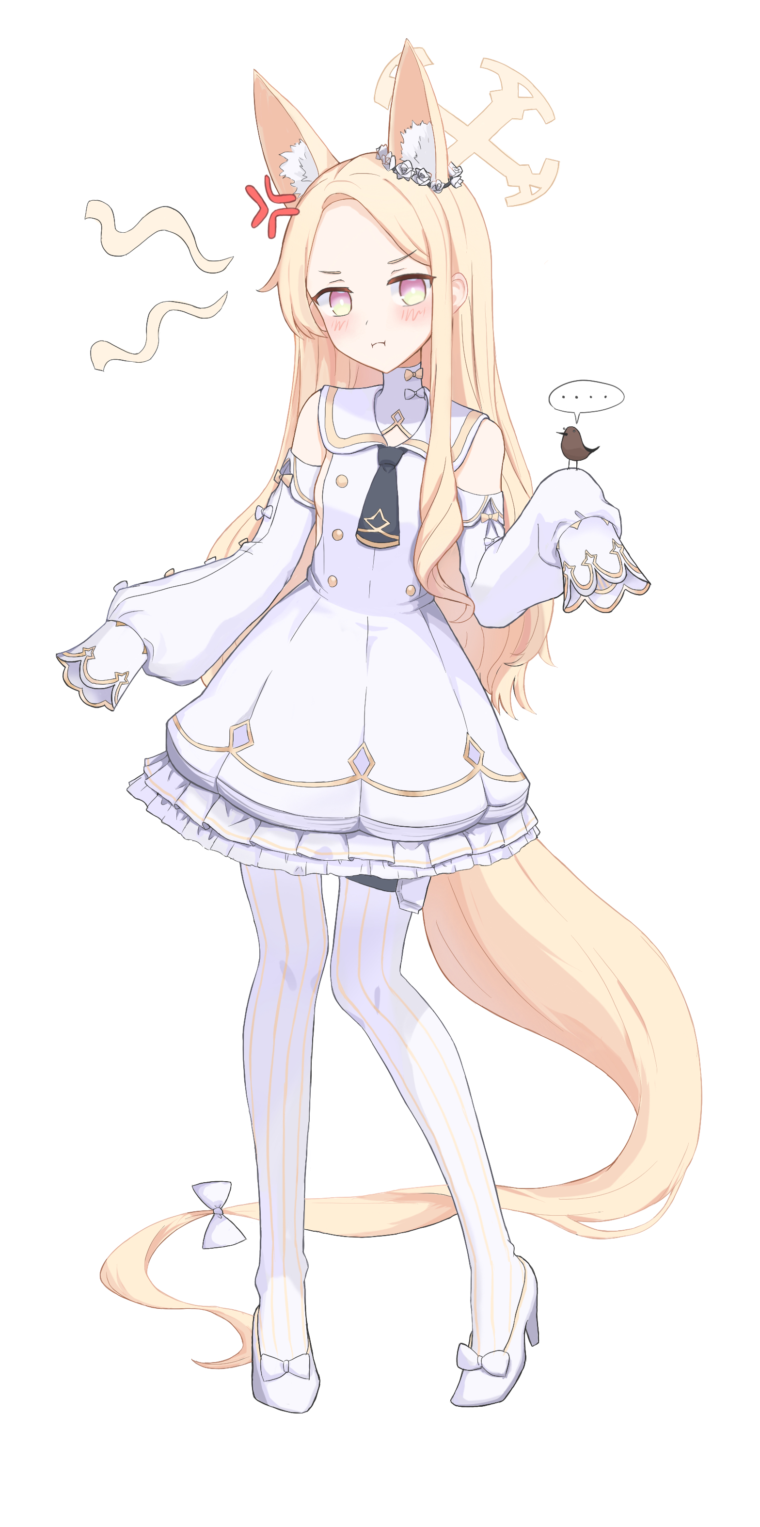 seia (blue archive), blue archive, absurdres, highres, …, 1girl, :t, angel wings, anger vein, animal ear fluff, animal ears, black necktie, blonde hair, bow, closed mouth, detached sleeves, dress, forehead, fox ears, fox girl, fox tail, full body, hair bow, halo, high heels, jim6581156, long hair, long sleeves, looking at viewer, necktie, pink eyes, pout, pumps, simple background, sleeves past fingers, sleeves past wrists, speech bubble, standing, striped clothes, striped thighhighs, tail, thighhighs, vertical-striped clothes, vertical-striped thighhighs, very long hair, white background, white bow, white dress, wings, yellow halo, yellow trim