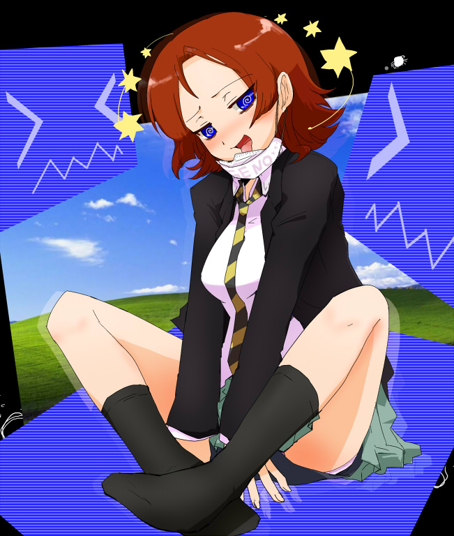 kamaboko red, bad id, bad pixiv id, 1girl, blue eyes, brown hair, crazy eyes, female focus, necktie, short hair, sitting, skirt, socks, solo