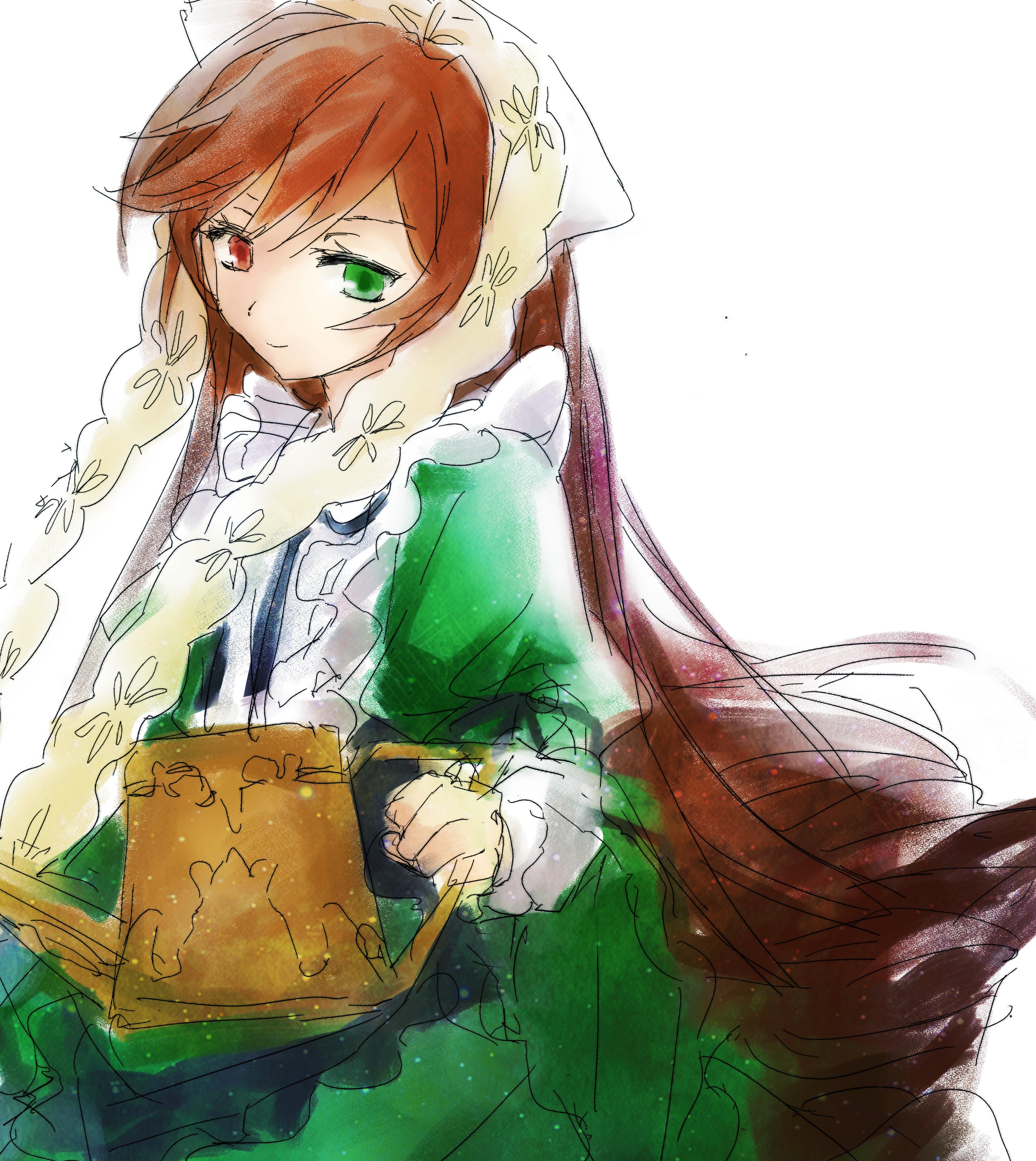 suiseiseki, rozen maiden, absurdres, highres, 1girl, brown hair, dress, floating clothes, floating hair, green dress, green eyes, heterochromia, holding, holding watering can, layered sleeves, light smile, long hair, long sleeves, puffy sleeves, red eyes, short over long sleeves, short sleeves, solo, upper body, very long hair, watering can, white background, yingrenzhijie
