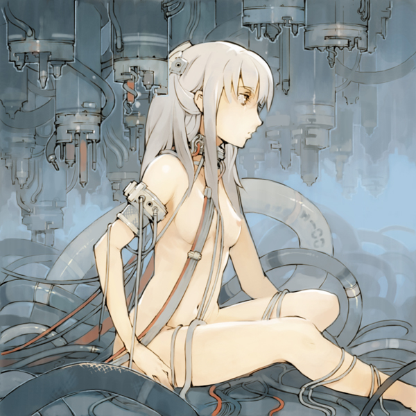 tko (artist), tko (kkk66), original, silver hair, 1girl, breasts, cable, expressionless, female focus, long hair, navel, nipples, nude, pink hair, profile, sitting, solo