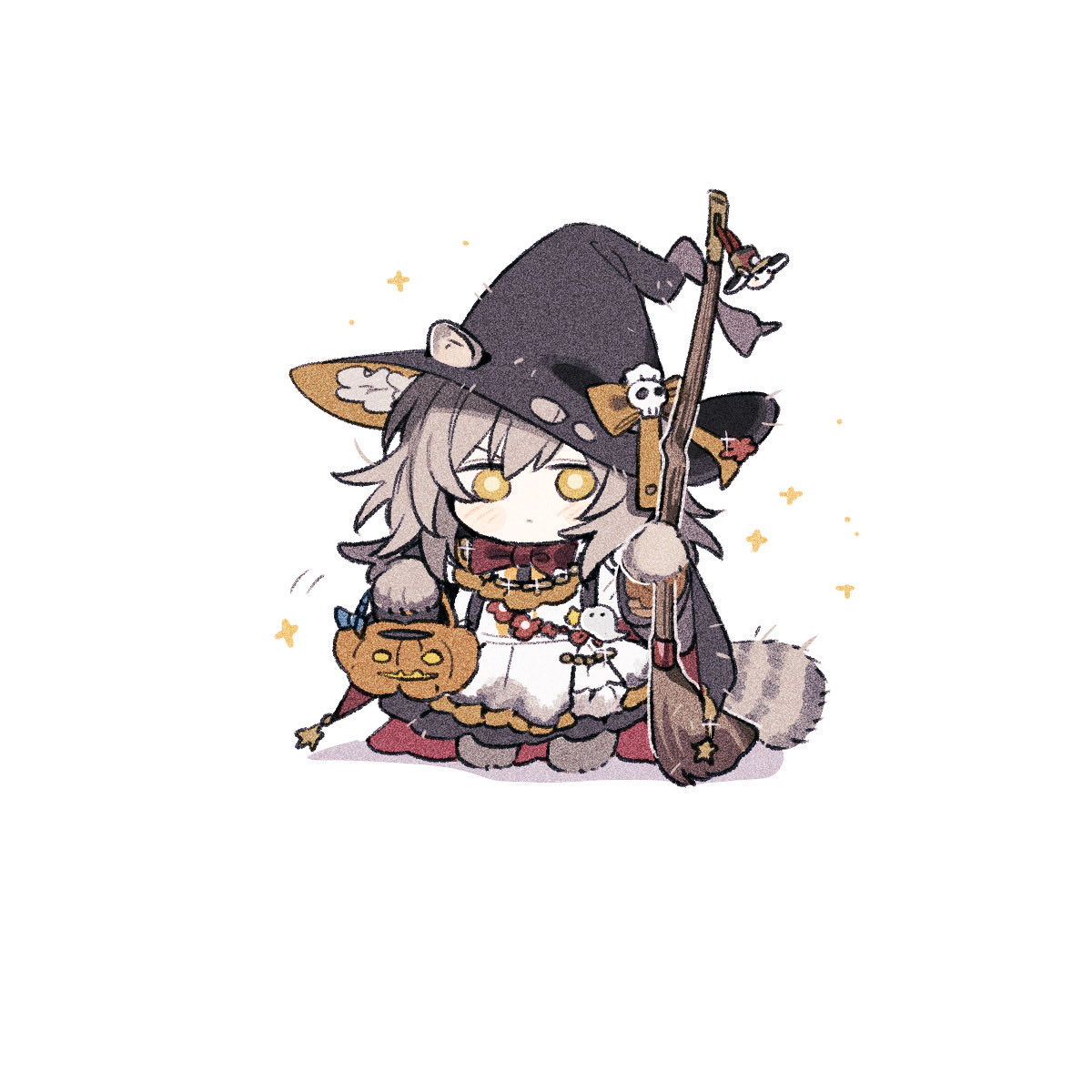 rizu033, stelle (honkai: star rail), trailblazer (honkai: star rail), honkai: star rail, honkai (series), commentary request, highres, 1girl, alternate costume, animal ears, apron, black cape, black dress, black hat, blue bow, blush, bow, bowtie, bright pupils, broom, bucket, cape, chibi, chibi only, closed mouth, dress, flower, frills, full body, ghost ornament, grey hair, hair between eyes, halloween, halloween bucket, halloween costume, hat, hat bow, hat ornament, holding, holding broom, holding bucket, kemonomimi mode, long hair, long sleeves, looking at viewer, orange bow, raccoon ears, raccoon tail, red bow, red bowtie, red cape, red flower, shadow, simple background, skull hat ornament, solo, sparkle, standing, star (symbol), star ornament, tail, two-sided cape, two-sided fabric, white apron, white background, white pupils, wide sleeves, witch hat, yellow eyes