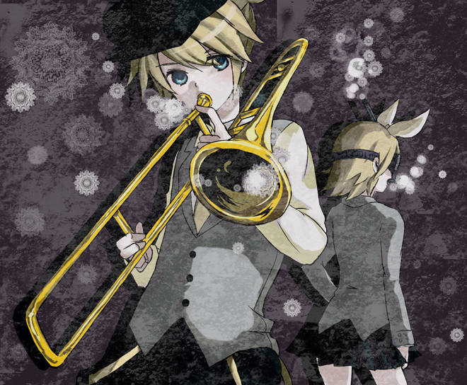 loveloid, kagamine len, kagamine rin, skeleton life (vocaloid), vocaloid, 1boy, 1girl, artistic error, blonde hair, blue eyes, brother and sister, formal clothes, hair ribbon, hat, instrument, ribbon, siblings, skirt, snow, trombone, twins