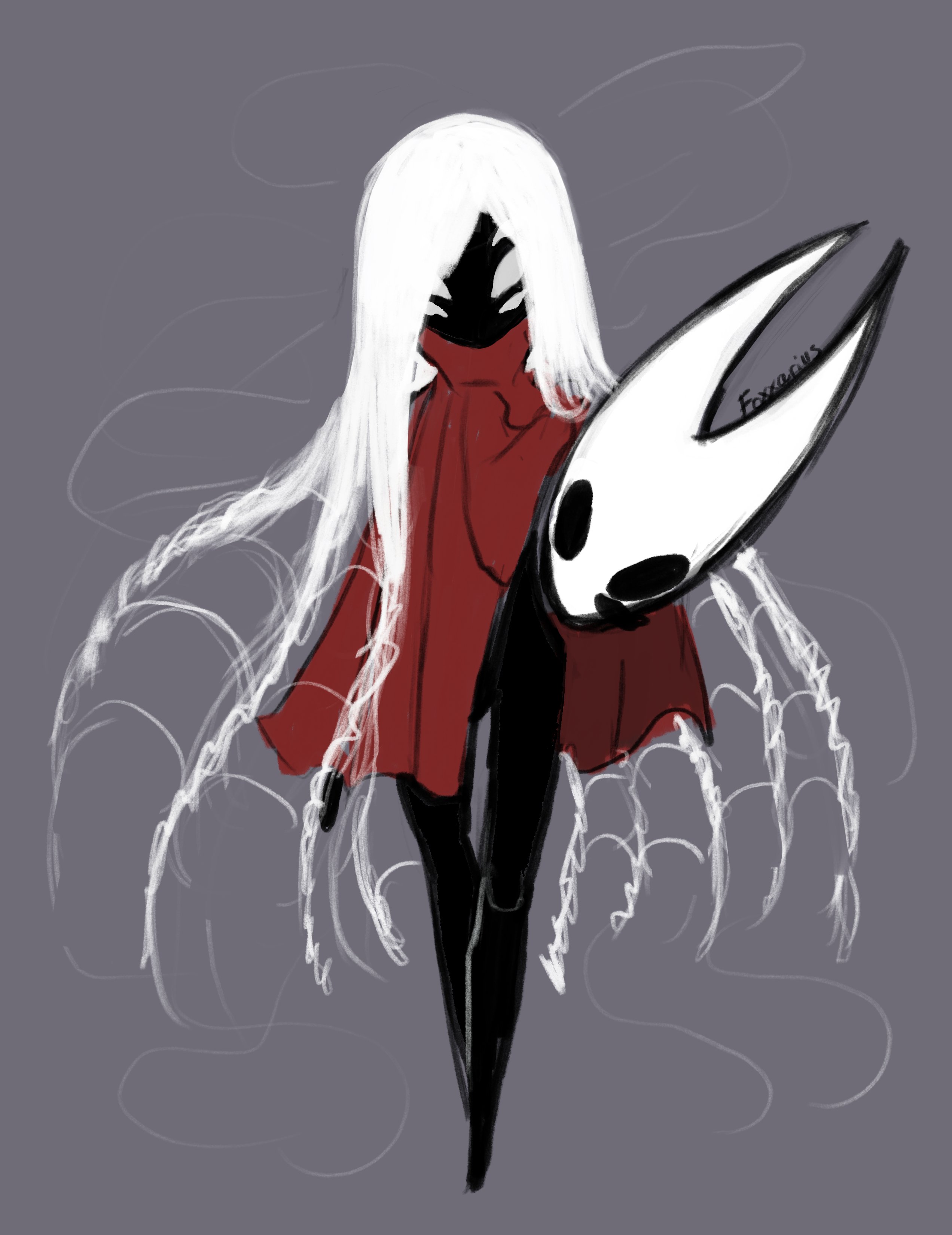 foxxarius, hornet (hollow knight), hollow knight, hollow knight: silksong, absurdres, commentary, highres, 1girl, artist name, black skin, cloak, colored skin, extra eyes, grey background, holding, holding mask, horned mask, long hair, mask, red cloak, solo, standing, unworn mask, white hair