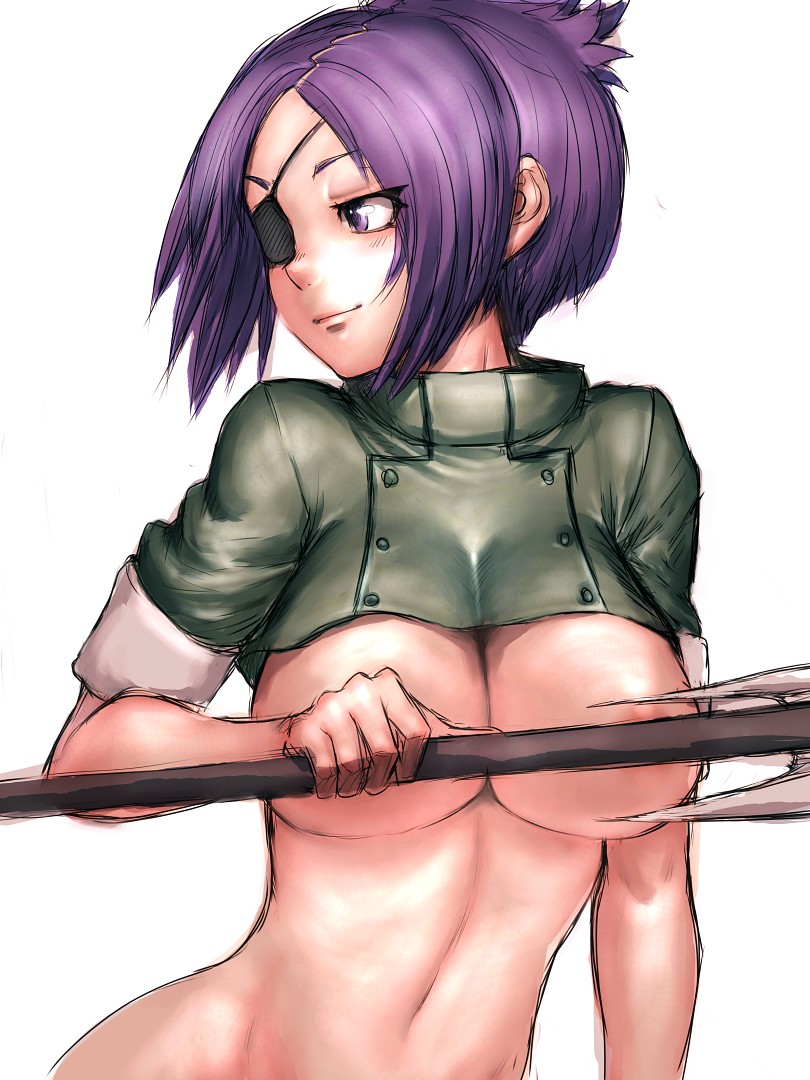 fumio (rsqkr), chrome dokuro, katekyo hitman reborn!, 00s, 1girl, bottomless, breasts, censored, convenient censoring, crop top, curvy, eyepatch, female focus, large breasts, purple eyes, purple hair, short hair, sketch, solo, staff, underboob
